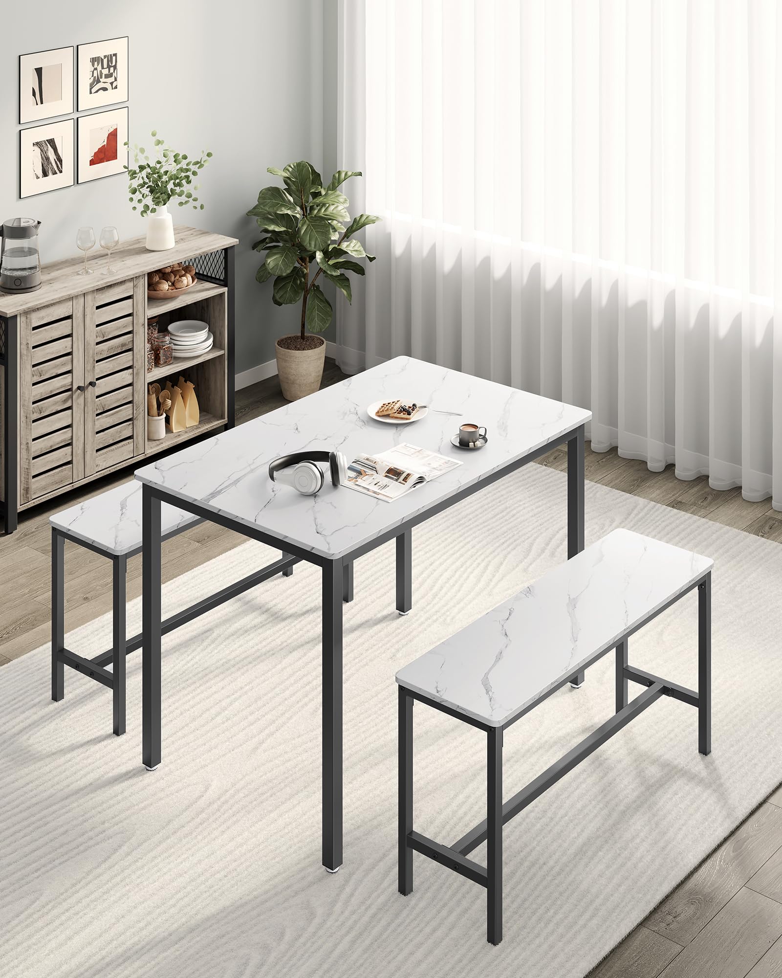 VASAGLE 3-Piece Dining Set with 2 Benches, Marble White & Ink Black | Steel Frame | 70x110cm Table 3