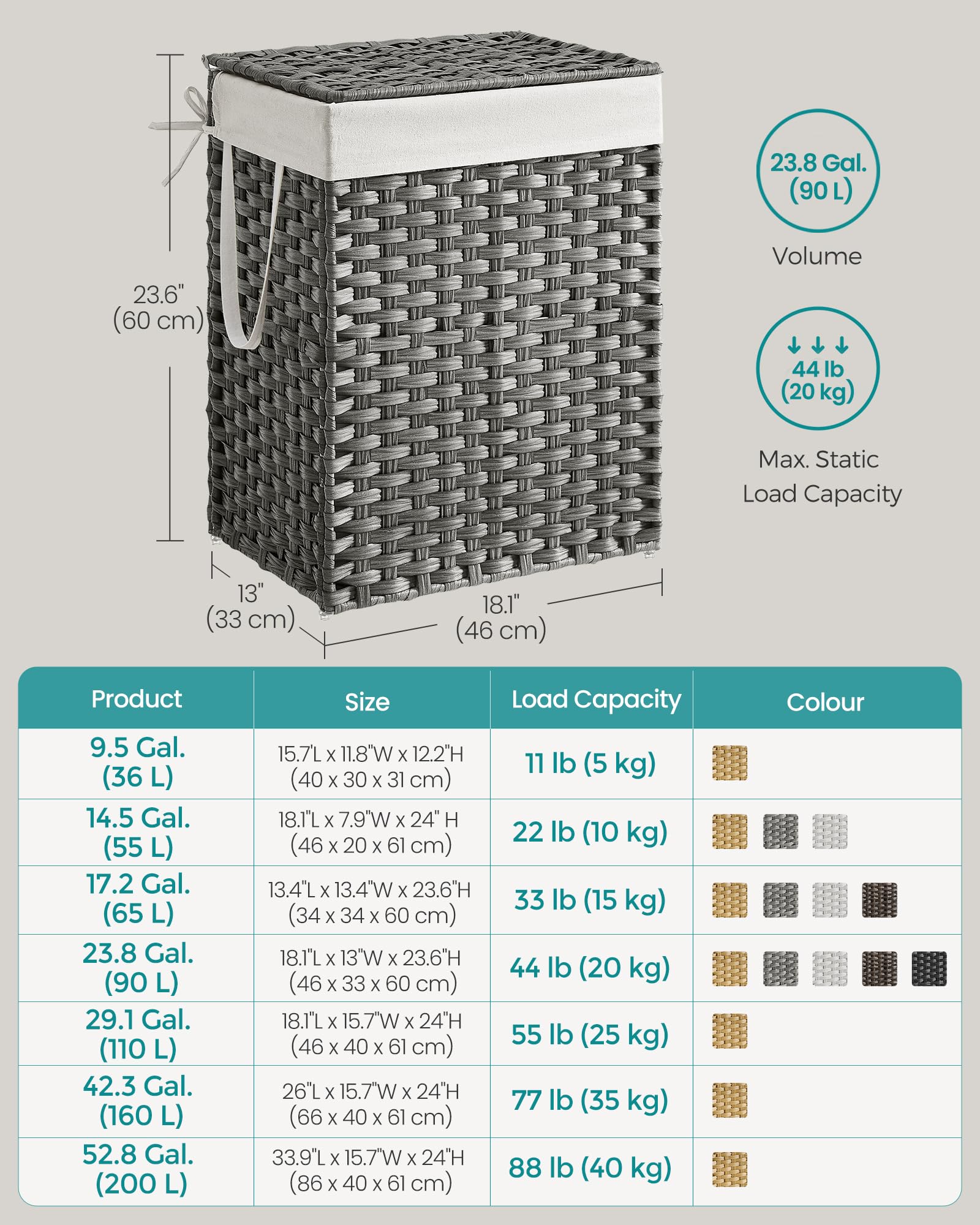 SONGMICS 90L Foldable Laundry Basket with Lid and Removable Bag | Grey | 46x33x60cm 7