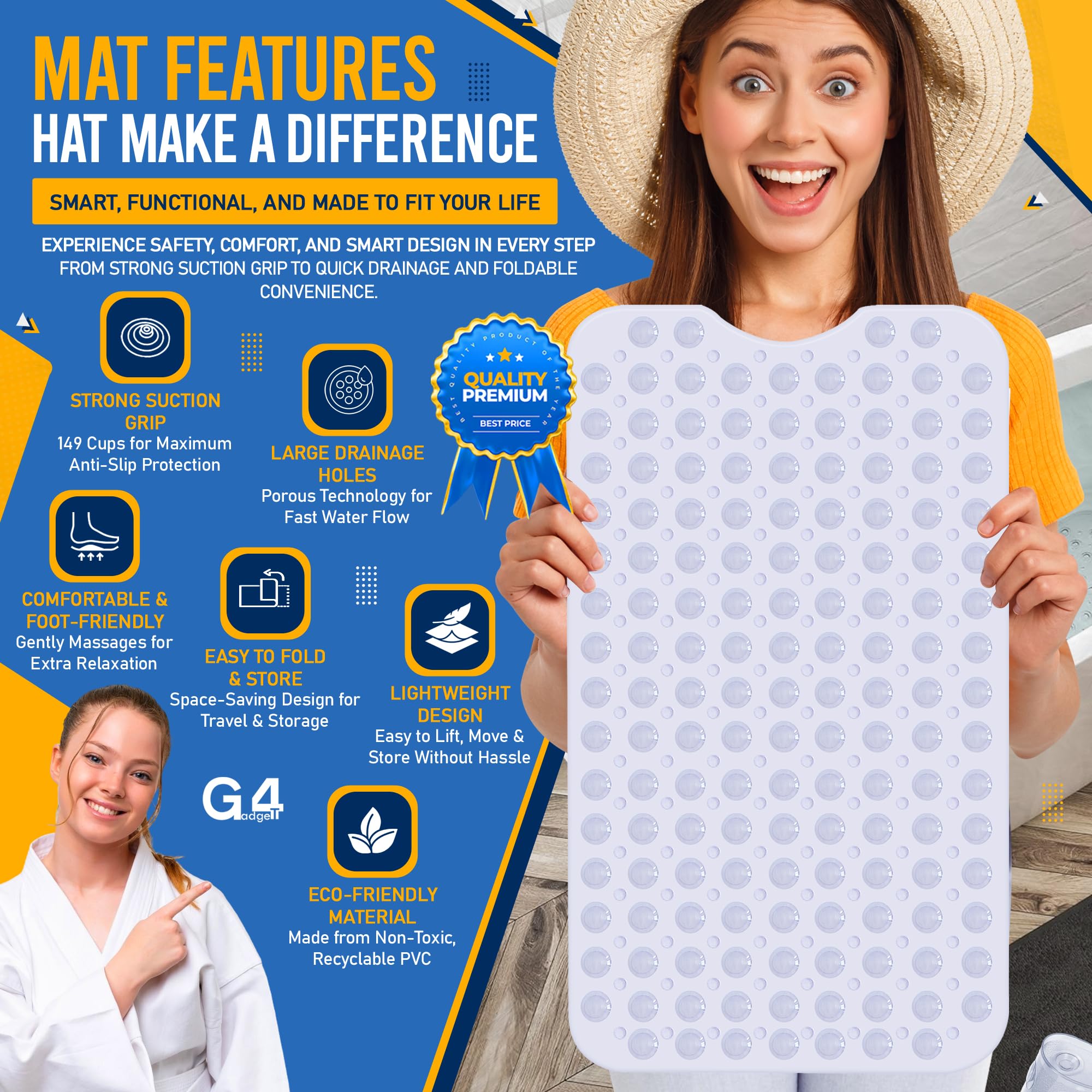 G4GADGET Non-Slip Shower Mat - 70x38cm Clear PVC with 149 Suction Cups | Anti-Mould 5