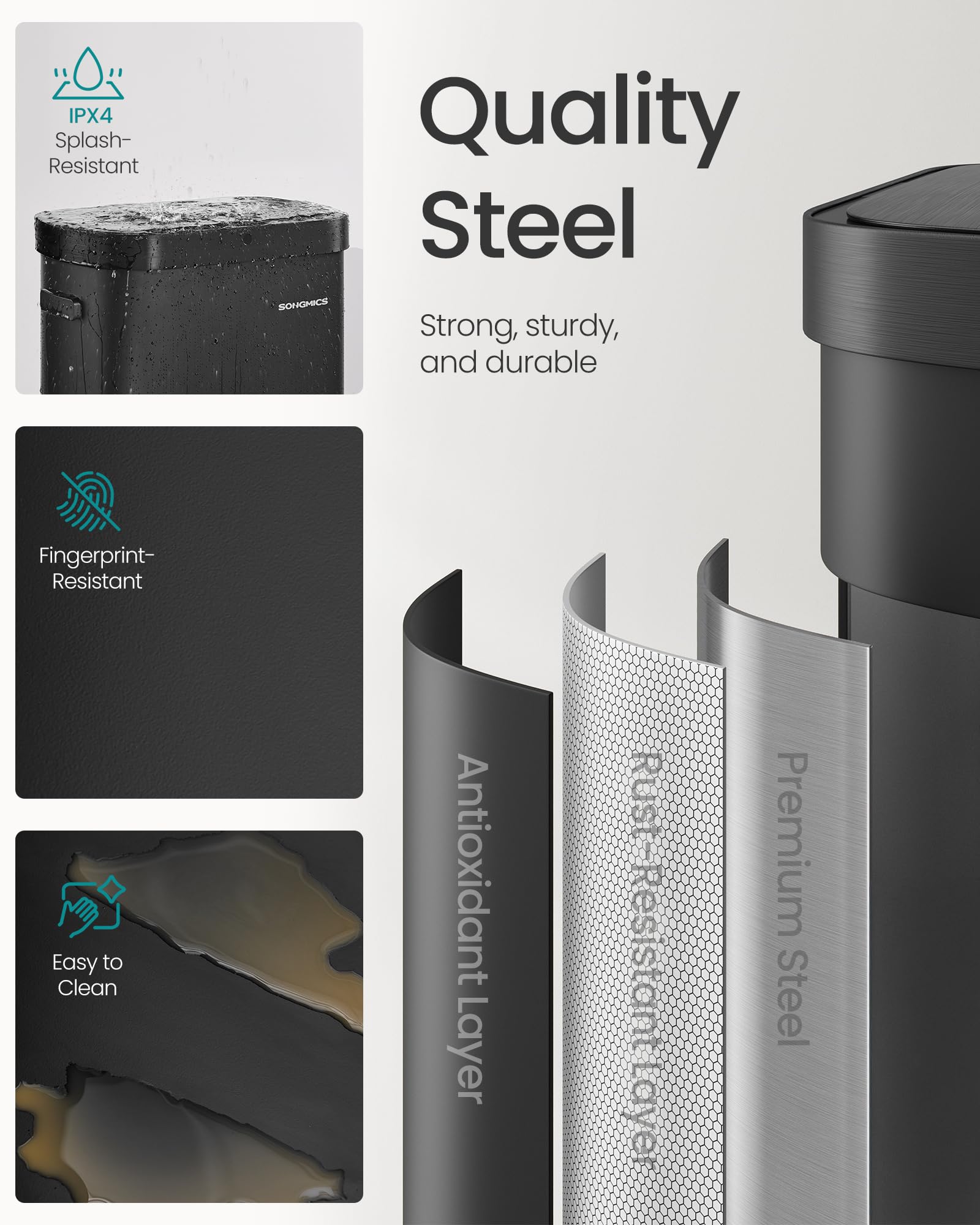 SONGMICS Automatic Kitchen Bin - 50 L Capacity | Motion Sensor | Ink Black Steel 6