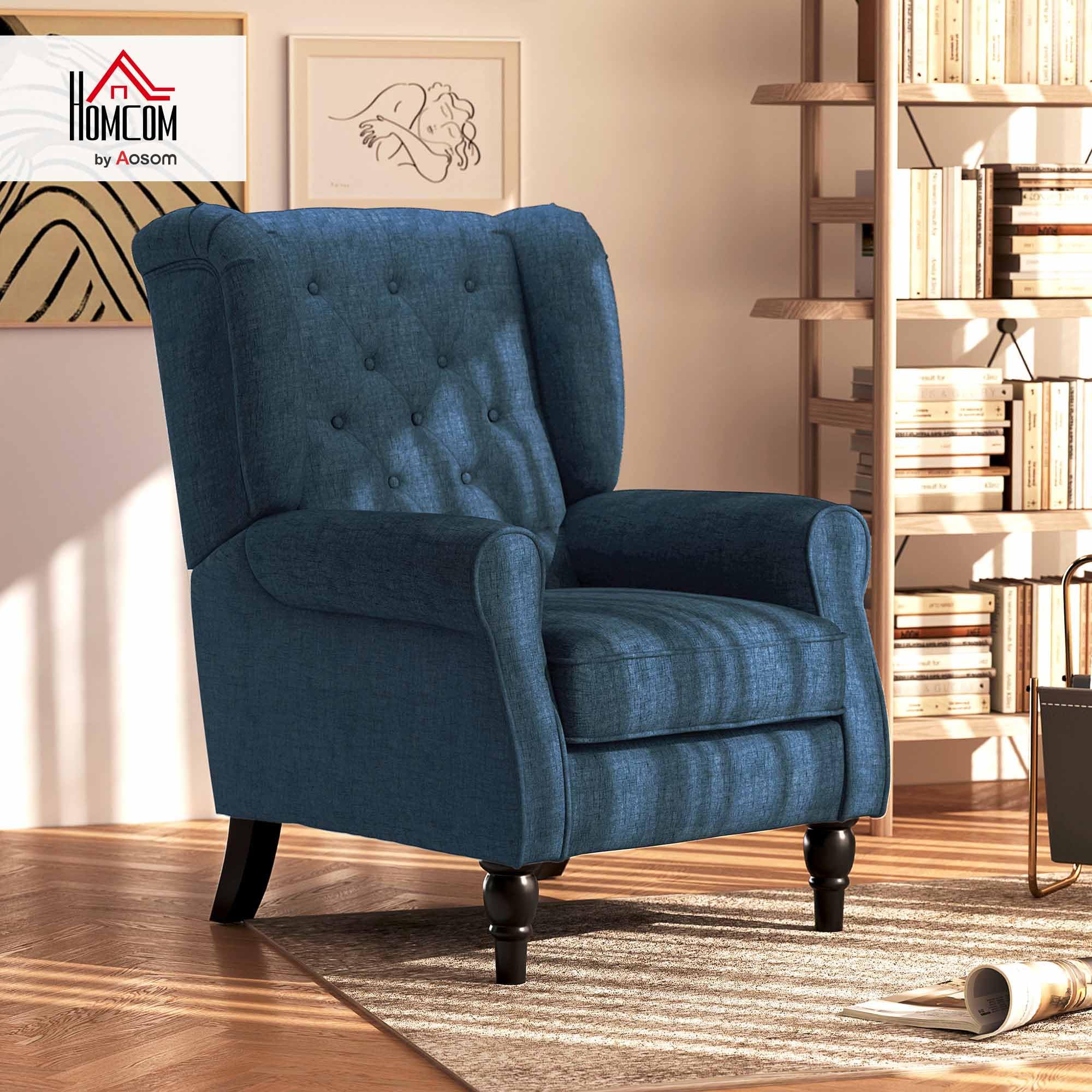 HOMCOM Retro Wingback Armchair - Snow Flannel, Button-Tufted, Blue | Supports 160kg 2