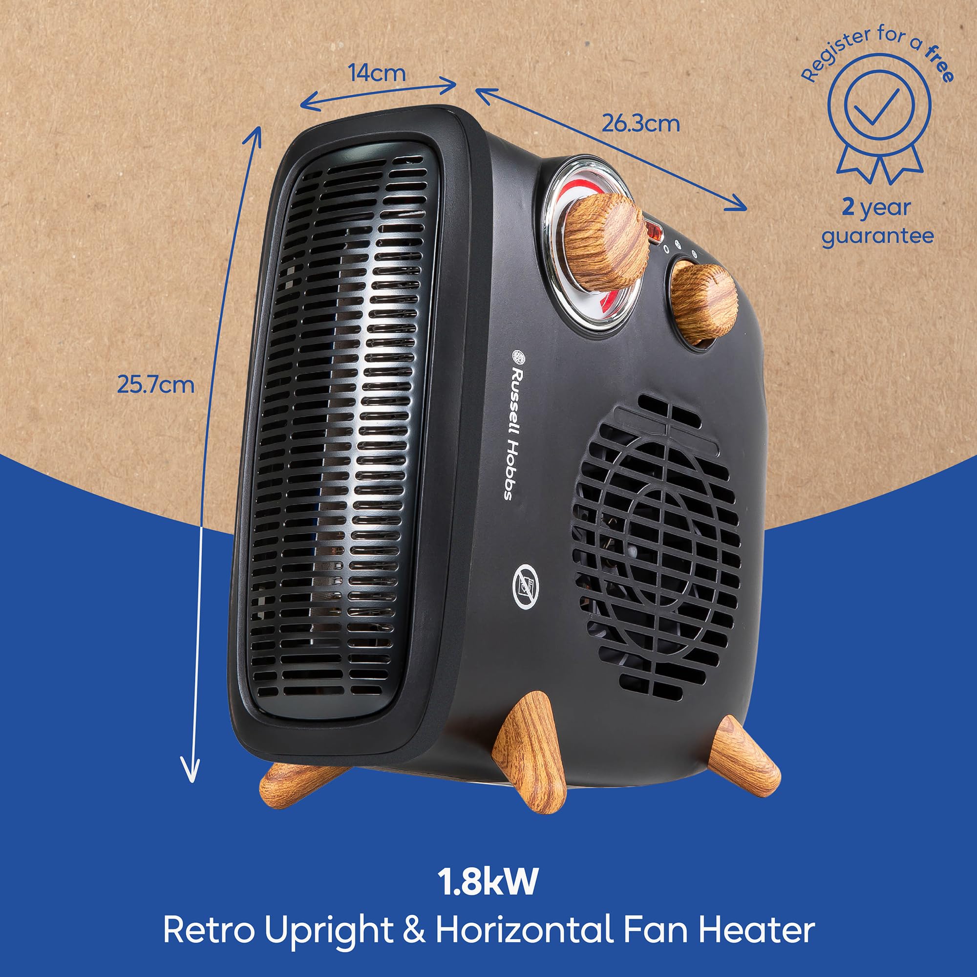 Russell Hobbs 1.8kW Retro Electric Fan Heater - Black Scandi Wood Effect | 20m² Coverage 2
