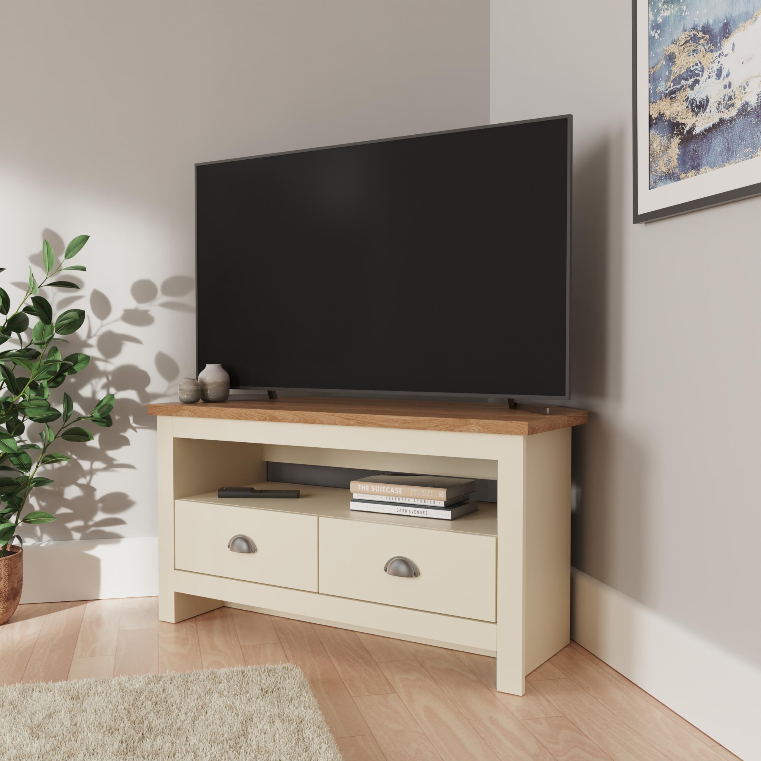 GFW Lancaster Wood Corner TV Cabinet with Shelf & Drawers | Cream Finish | H 51cm x W 95cm