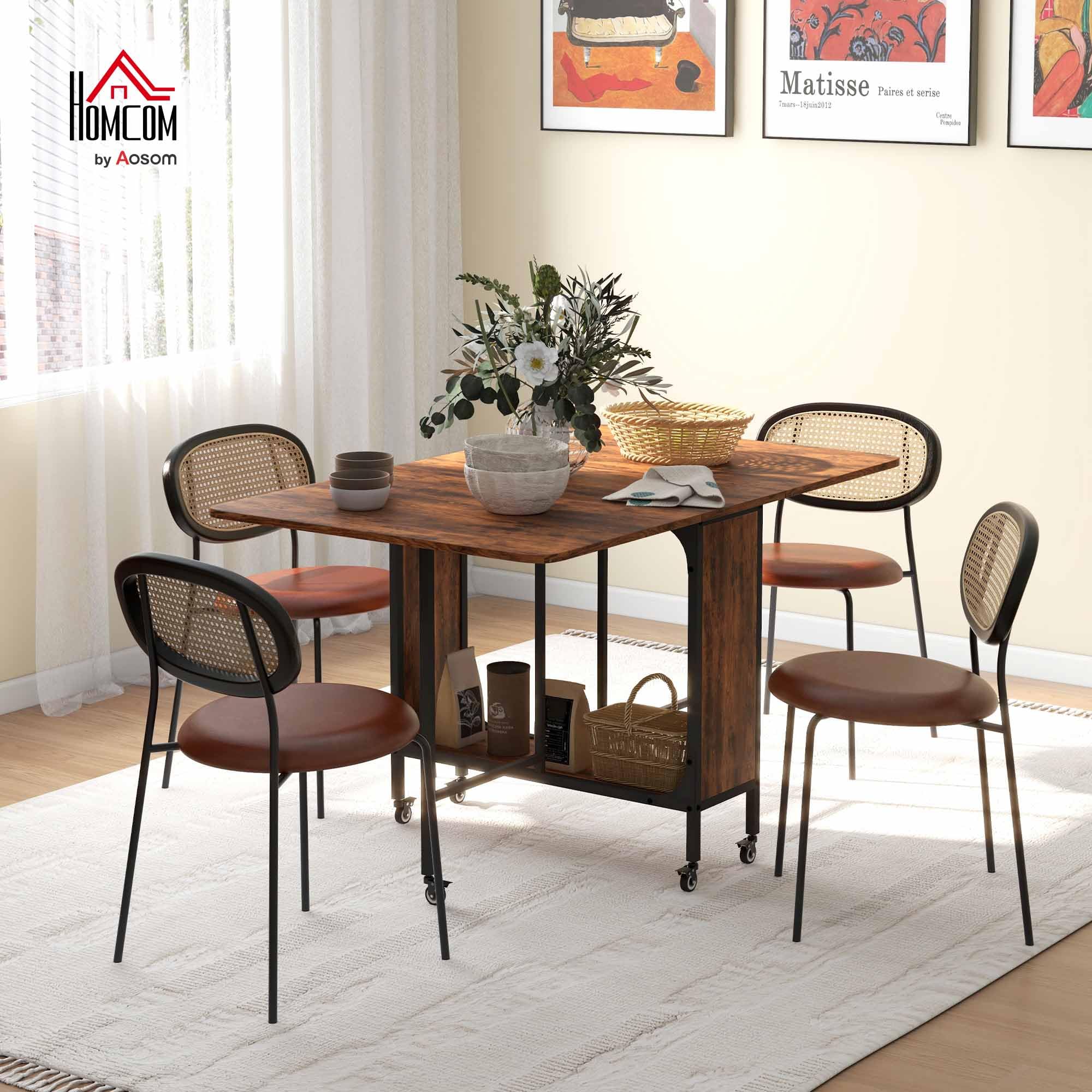 HOMCOM Mobile Drop Leaf Dining Table - Extendable to Seat Six | Rustic Brown | Storage Shelf