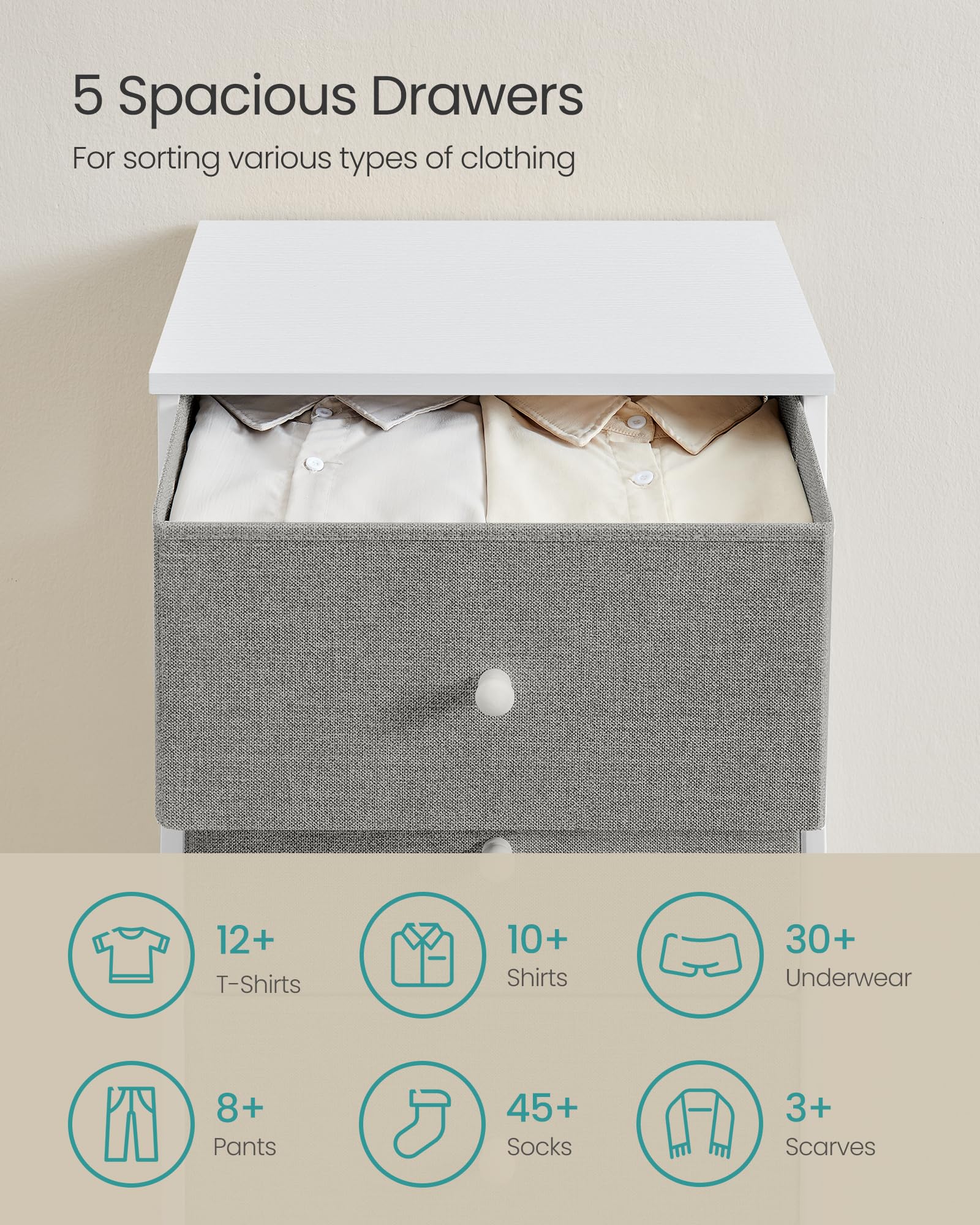SONGMICS Chest of Drawers - 5 Fabric Drawers, Metal Frame, Tall & Slim Storage | Dove Grey/Cream White 5