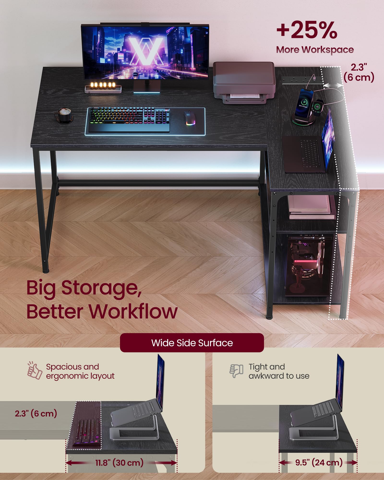 VASAGLE L-Shaped Computer Desk with Built-In Charging | 120 x 80 cm | Ebony Black 4
