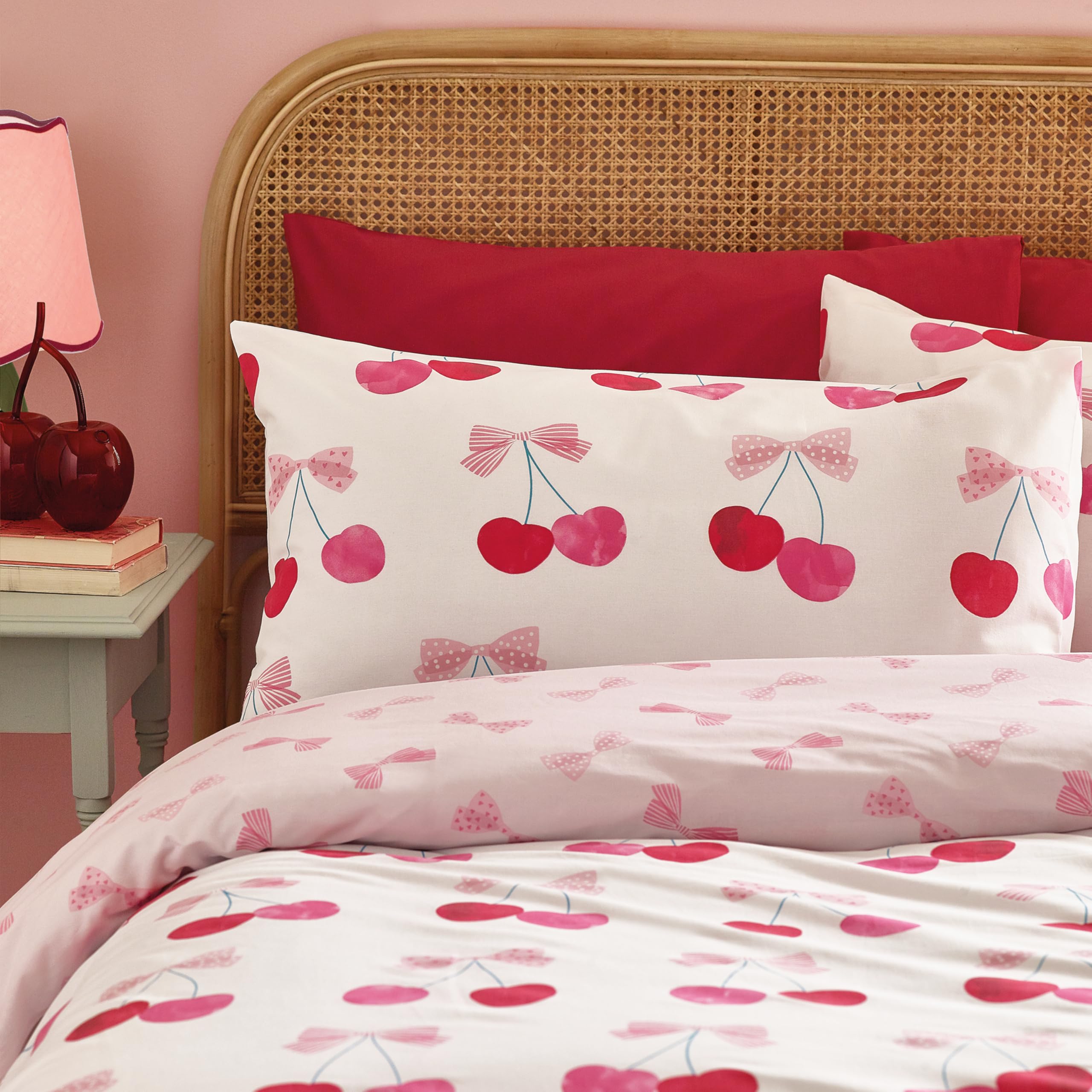 Catherine Lansfield Cherries and Bows Reversible Double Duvet Cover Set | Pink Polycotton 3