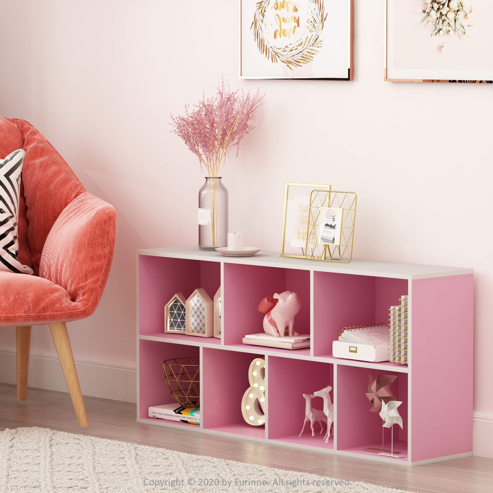 Furinno LUDER 7-Cube Book Shelf - Functional Storage | Engineered Wood | White/Pink 2