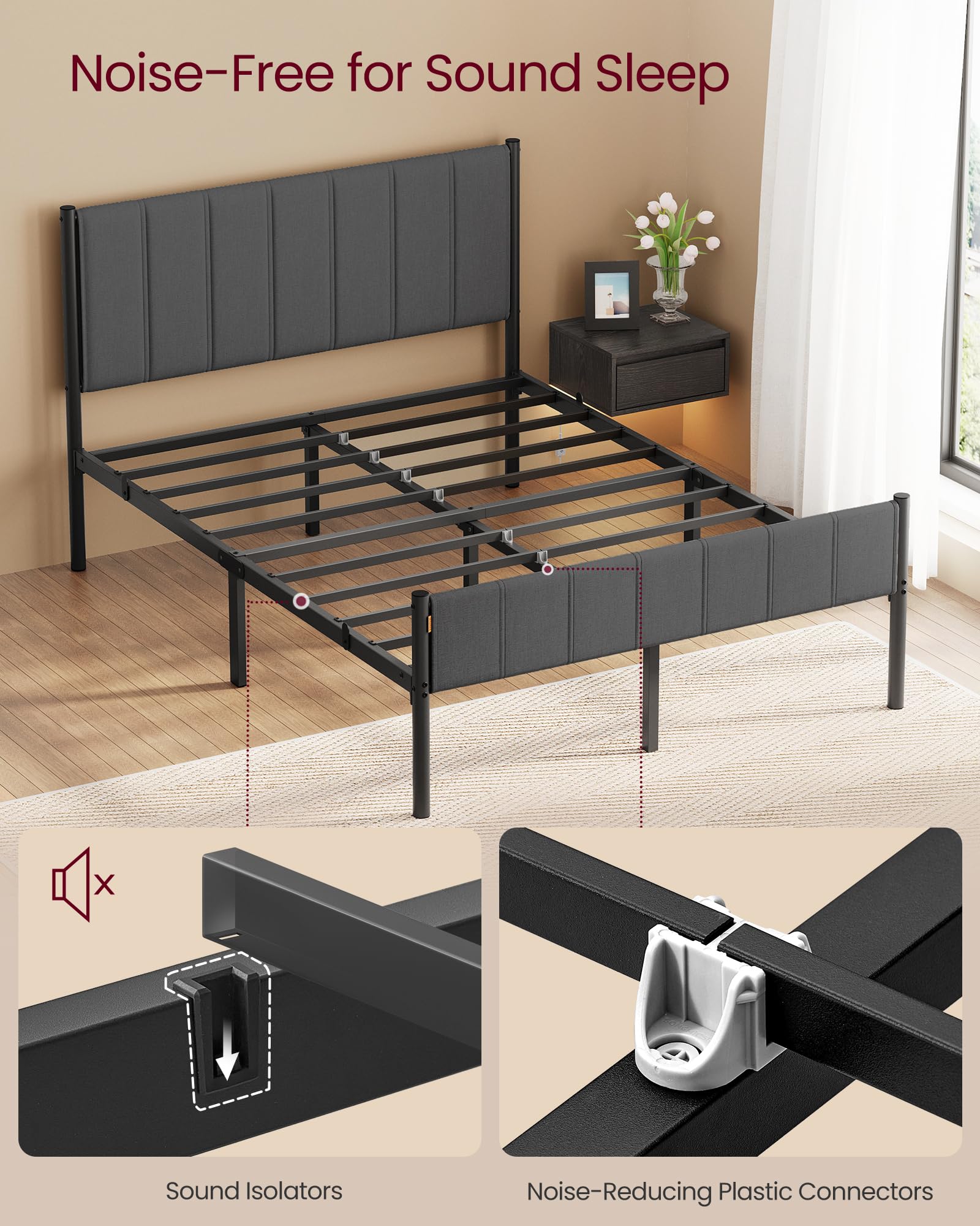 VASAGLE Double Bed Frame 135 x 190 cm with Upholstered Headboard | Noise Resistant | Slate Grey 6
