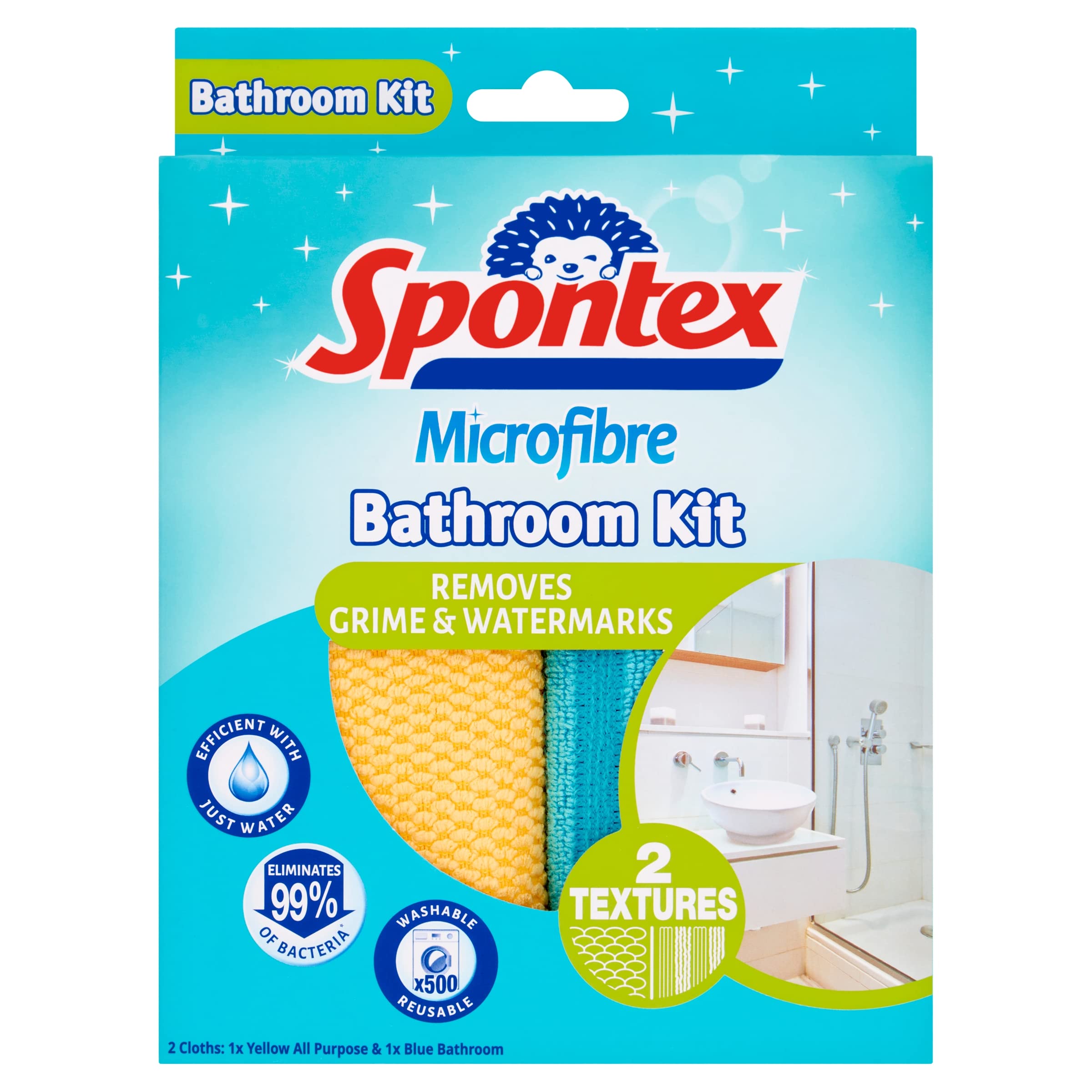 Spontex Microfibre Bathroom Kit - Removes Grime & Watermarks | 2 Cloths | Washable 500 Times 1