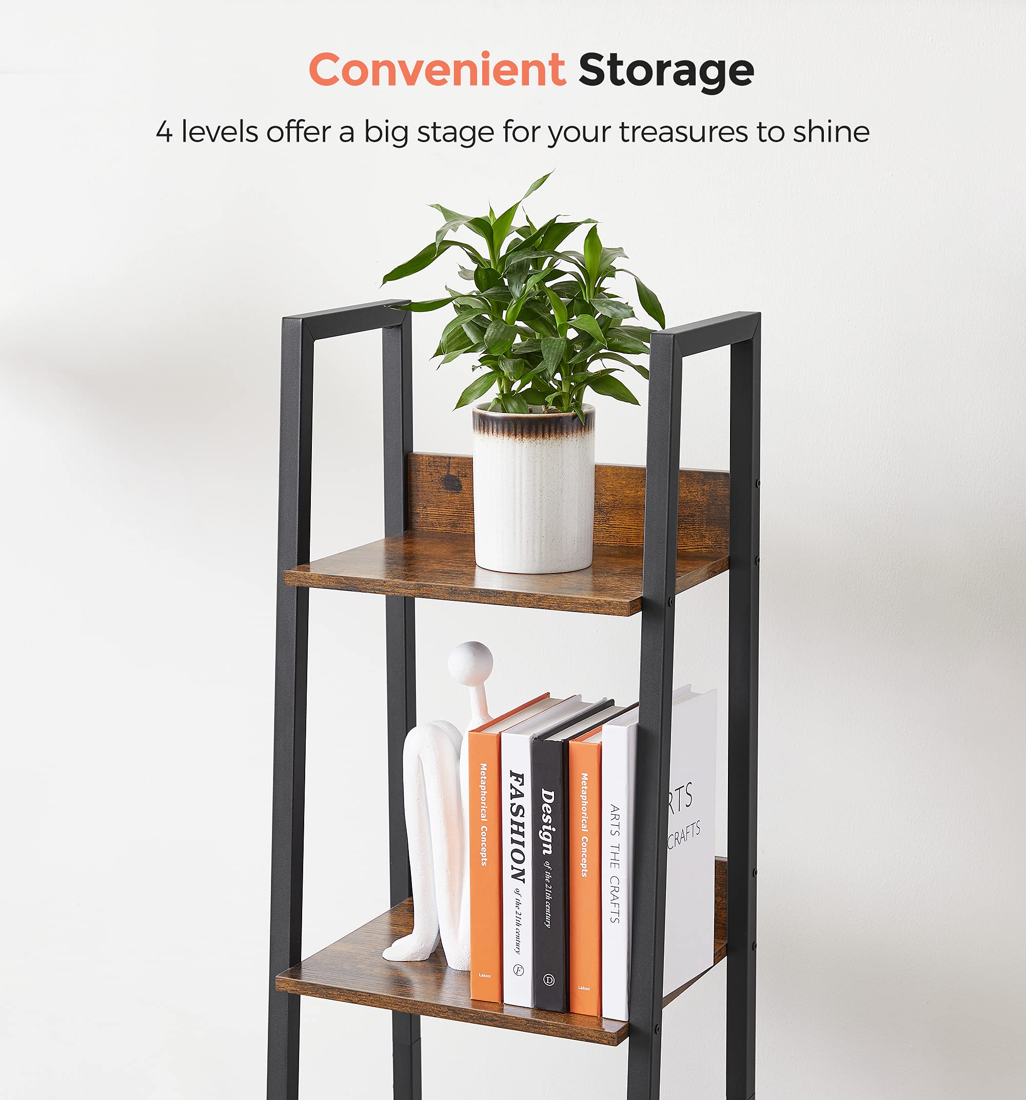 VASAGLE 4-Tier Ladder Shelf Bookcase - Industrial Rustic Brown & Black | Steel Frame | 10kg Max Load 9