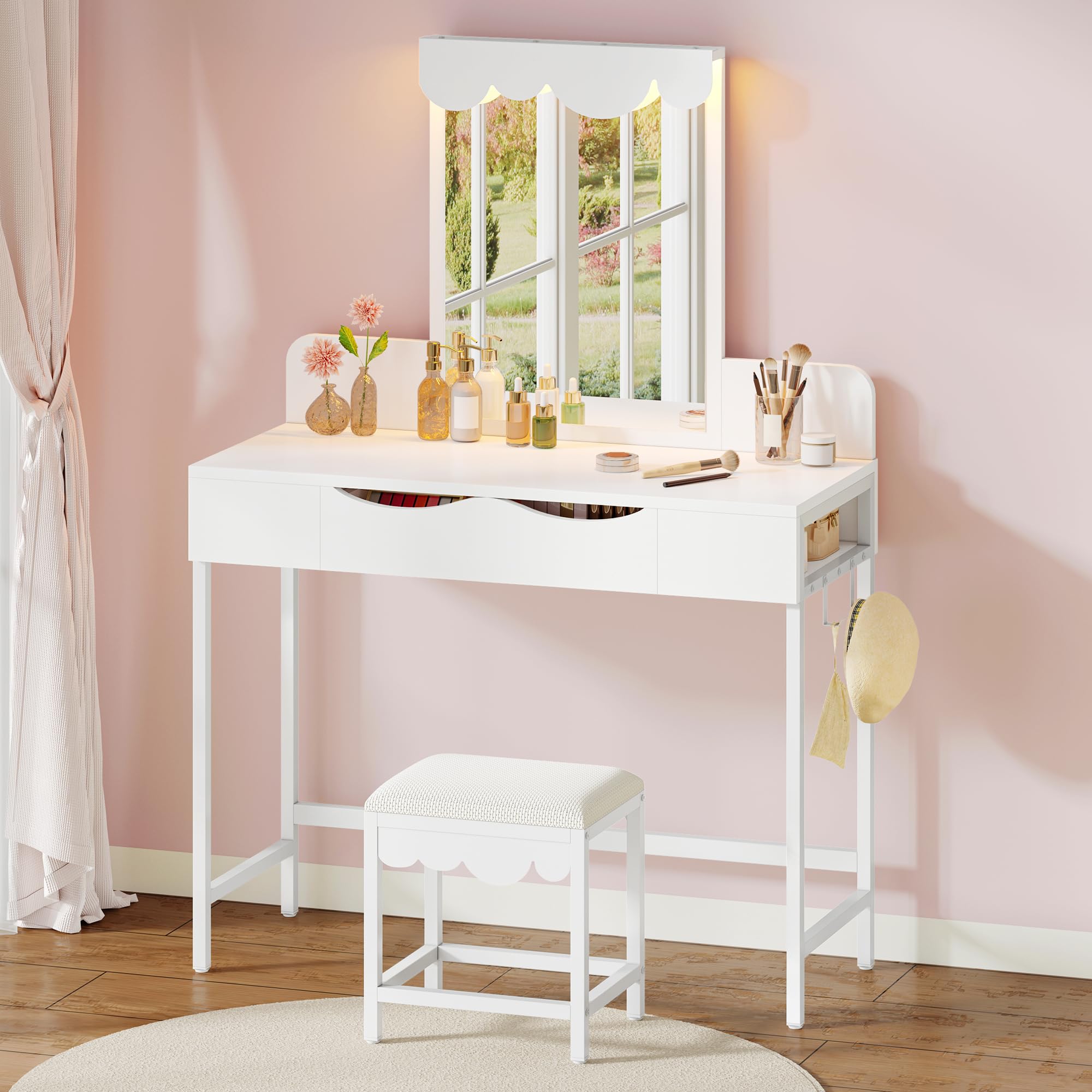 YITAHOME Cloud-Shaped Dressing Table with 3-Color LED Mirror & Stool | White Engineered Wood 2
