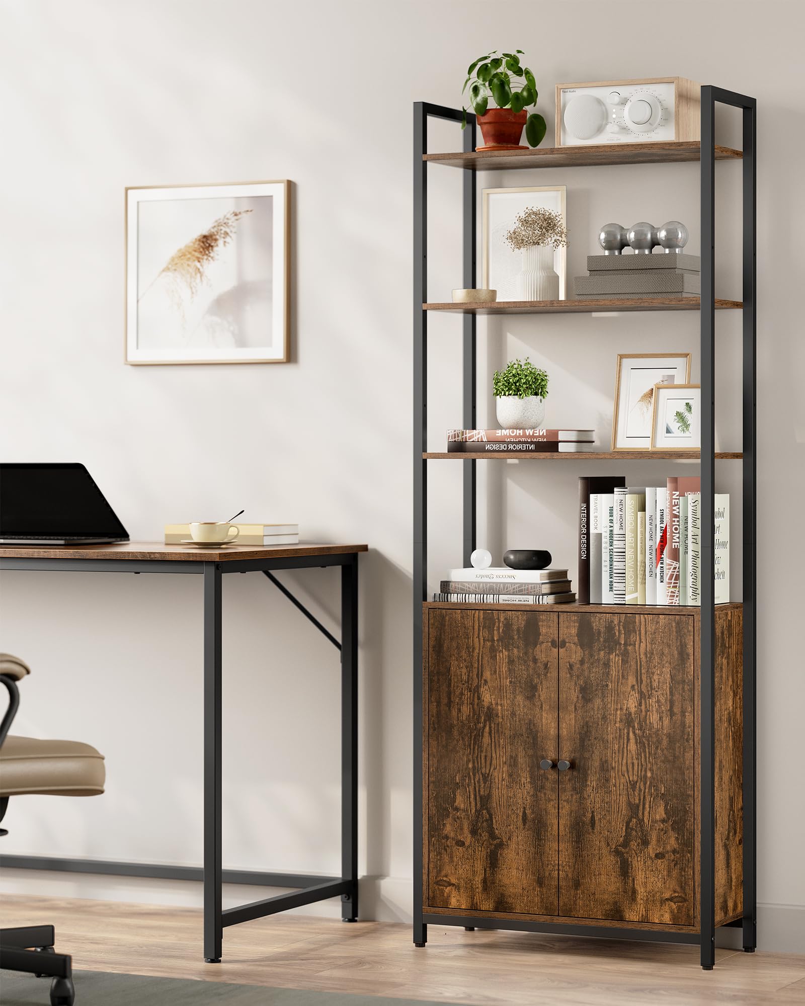 VASAGLE 6-Tier Bookcase - Metal Frame, Rustic Brown & Ink Black | 159.5cm Tall