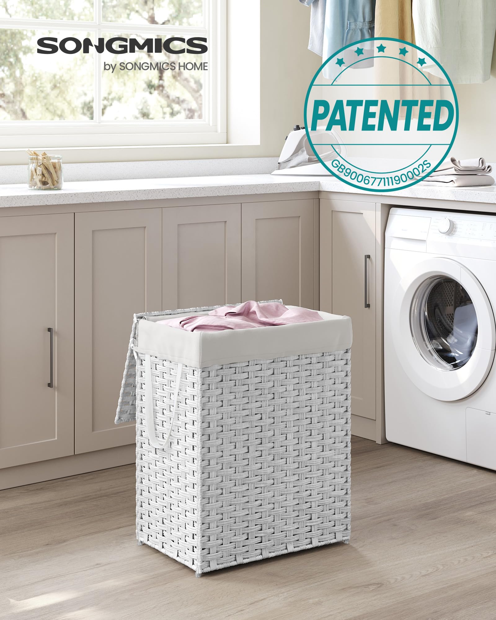 SONGMICS Handwoven Laundry Basket - 90L Capacity, Foldable, White Synthetic Rattan Hamper with Lid 2