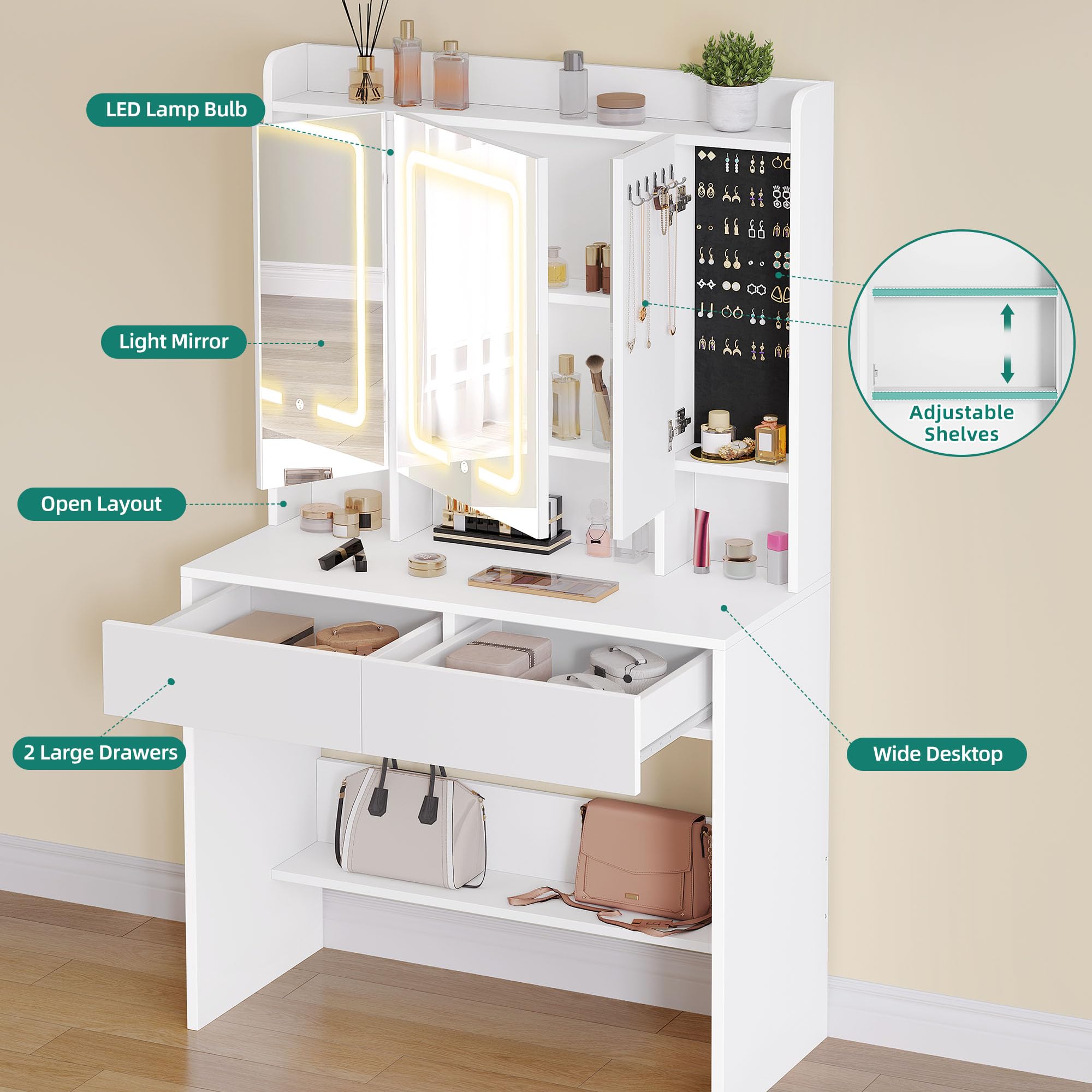 YITAHOME Dressing Table with Tri-Fold Mirror & LED Lights | White | 90 x 145 x 40 cm 4