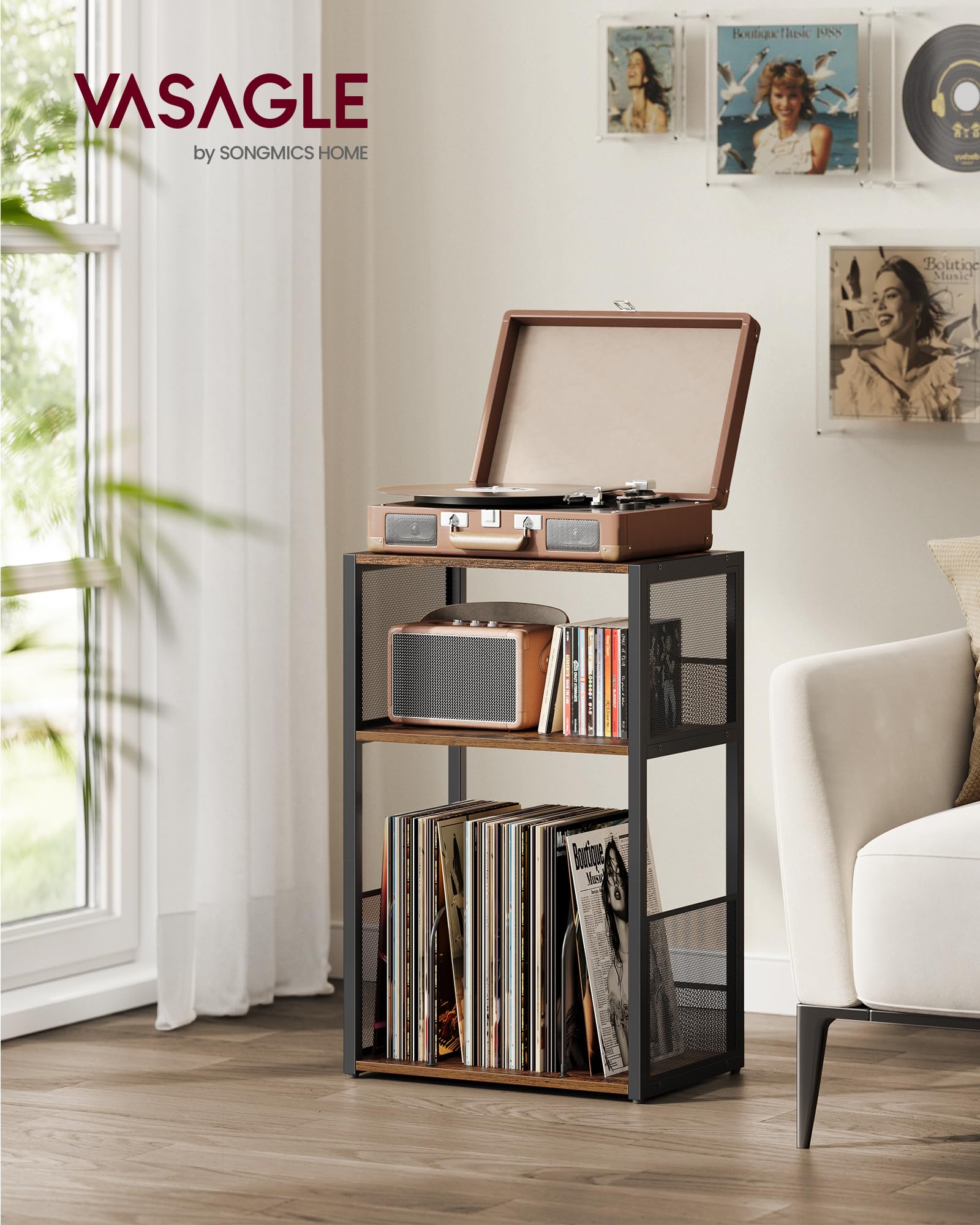 VASAGLE Record Player Stand - 3-Tier Side Table for Vinyl Storage | Rustic Brown | 30x43x69 cm 2