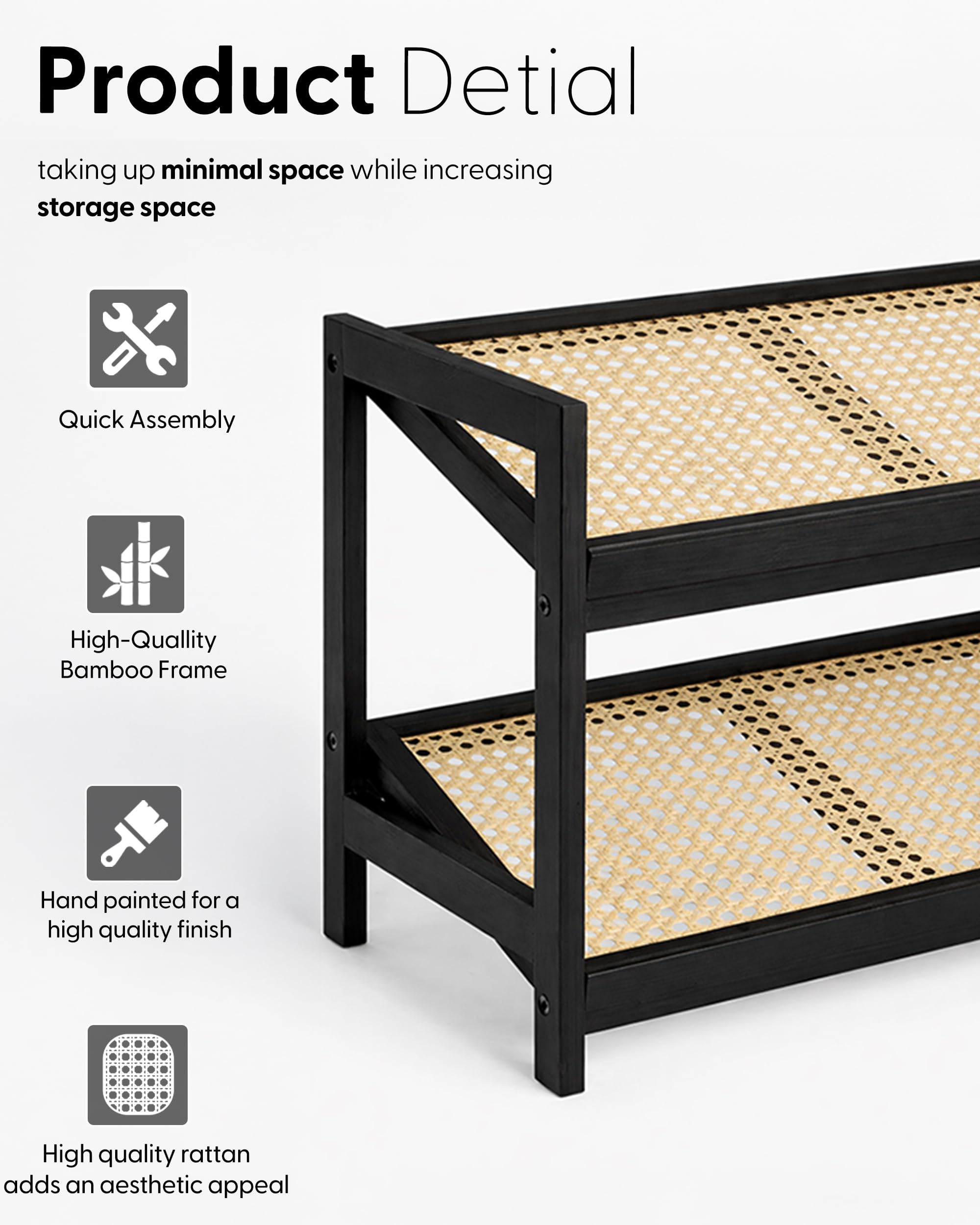 KEPLIN 2 Tier Bamboo & Rattan Shoe Rack Organizer | Compact 70cm Width | Natural/Black Finish 8