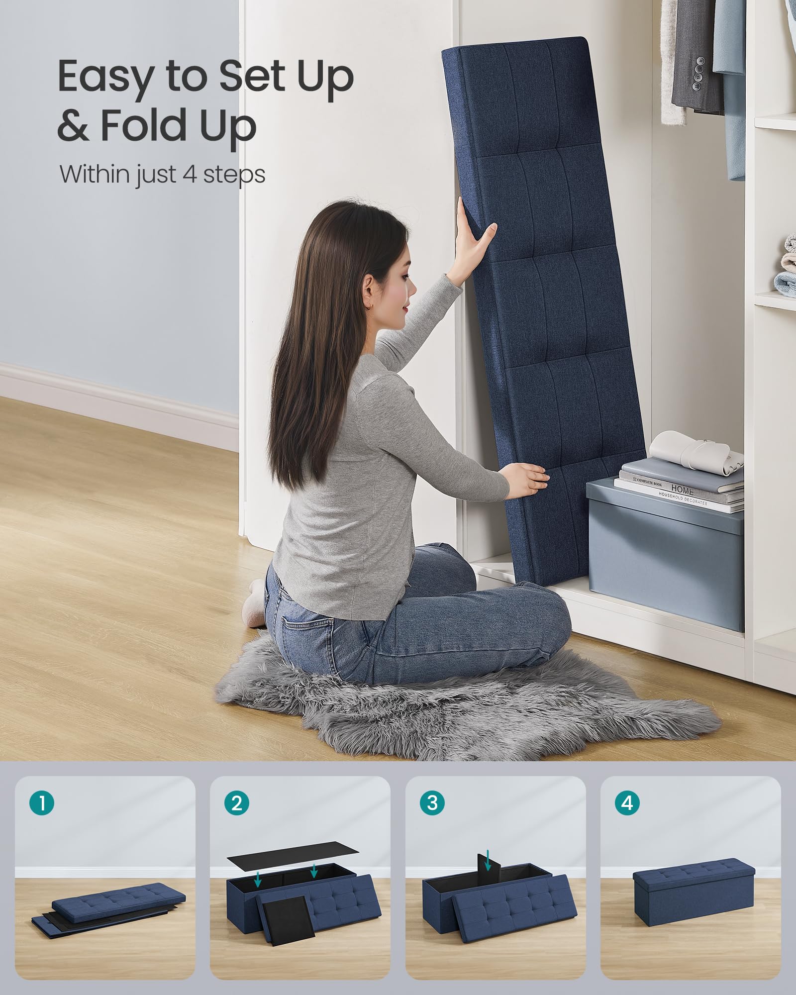 SONGMICS MAZIE Storage Ottoman Bench - 110 cm Folding Foot Rest | Dark Blue | 131L Capacity 6