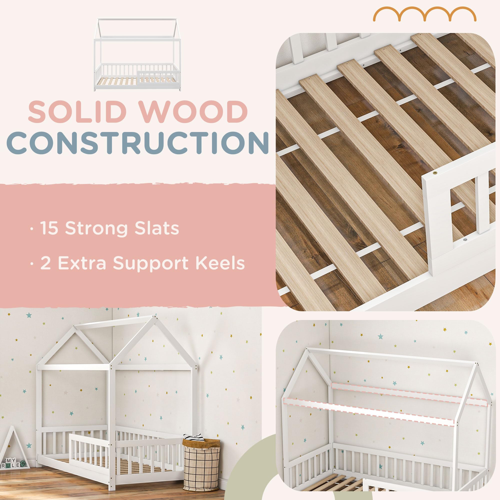HOMCOM Toddler Bed Single House-Shaped Frame Solid Pine Wood White | 120kg Capacity 7