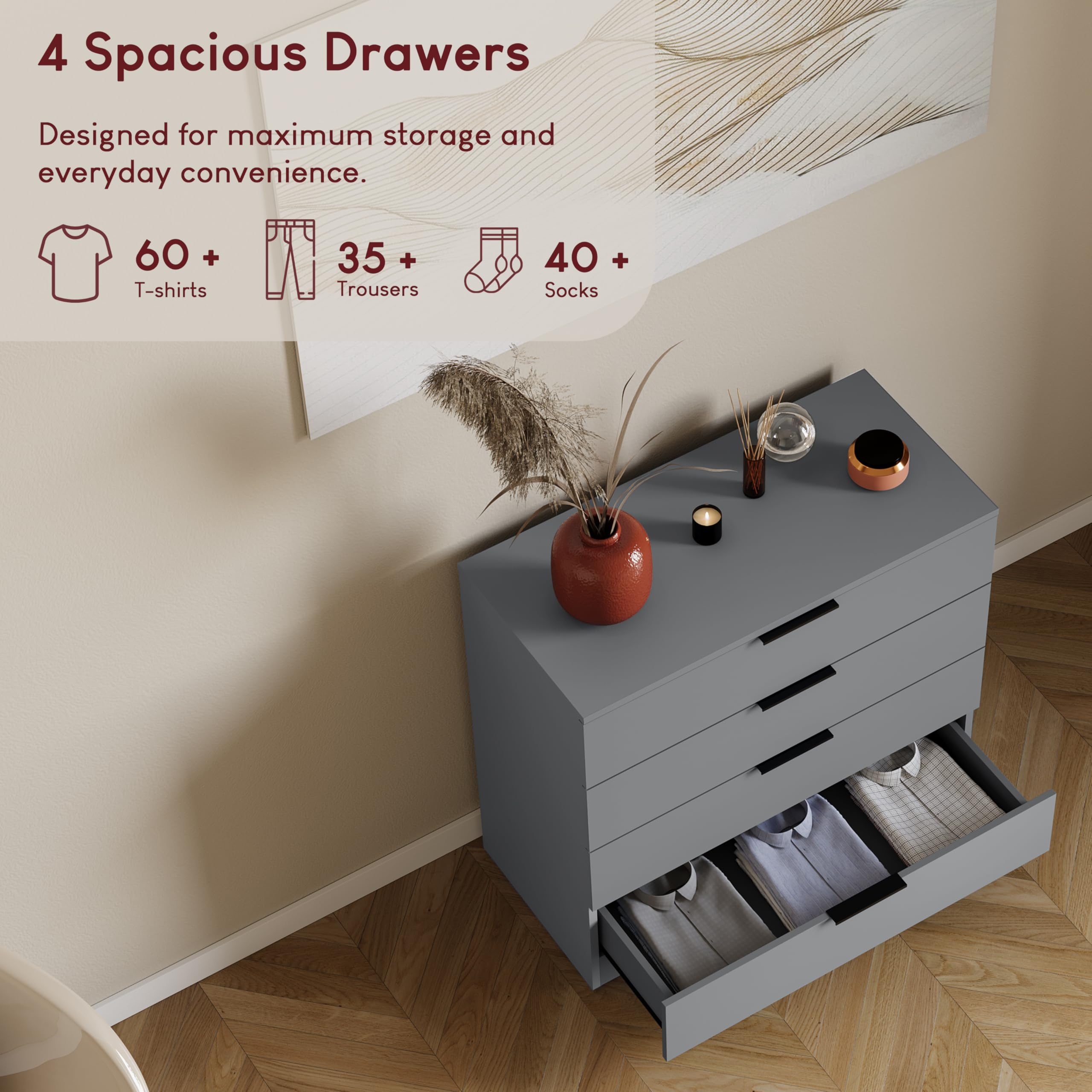 Vida Designs Trega 4 Drawer Chest of Drawers - Compact Grey Storage | 74H x 66W x 36D cm 4