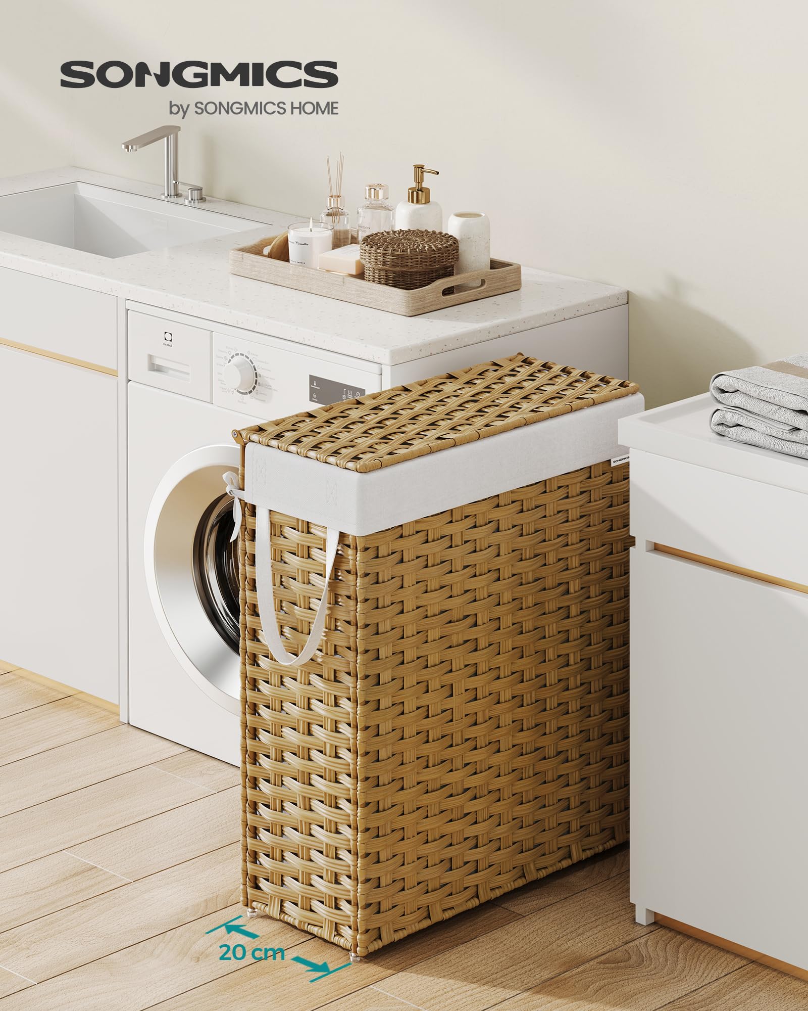 SONGMICS Slim Laundry Basket - 55L Synthetic Rattan Storage with Lid & Handles | Foldable | Goose Yellow 2