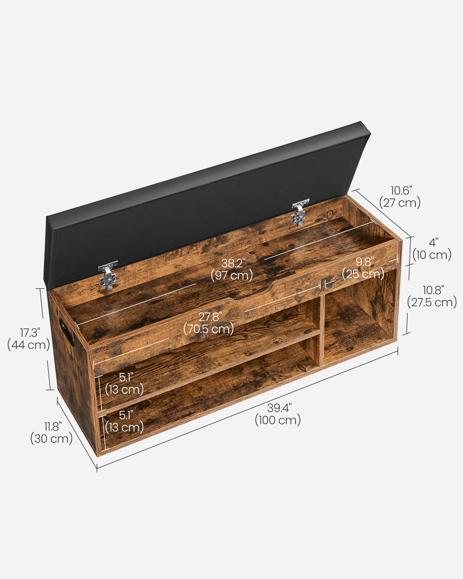 VASAGLE Shoe Storage Bench with Padded Seat | 3 Compartments | 150 kg Capacity | Rustic Brown 3