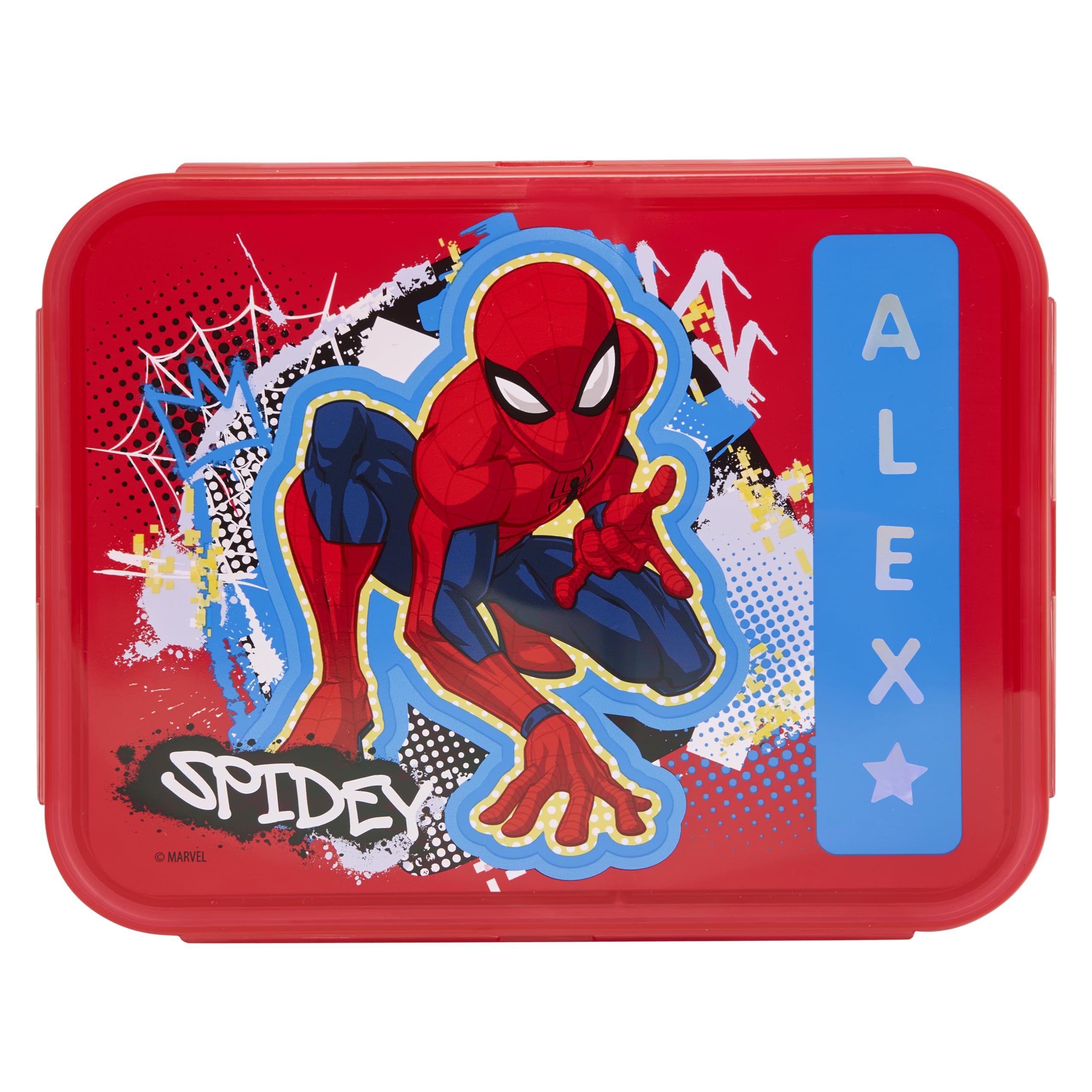 Marvel Spider-Man Street Lunch Box - 3 Compartments | Red Plastic | Personalize with Stickers 3