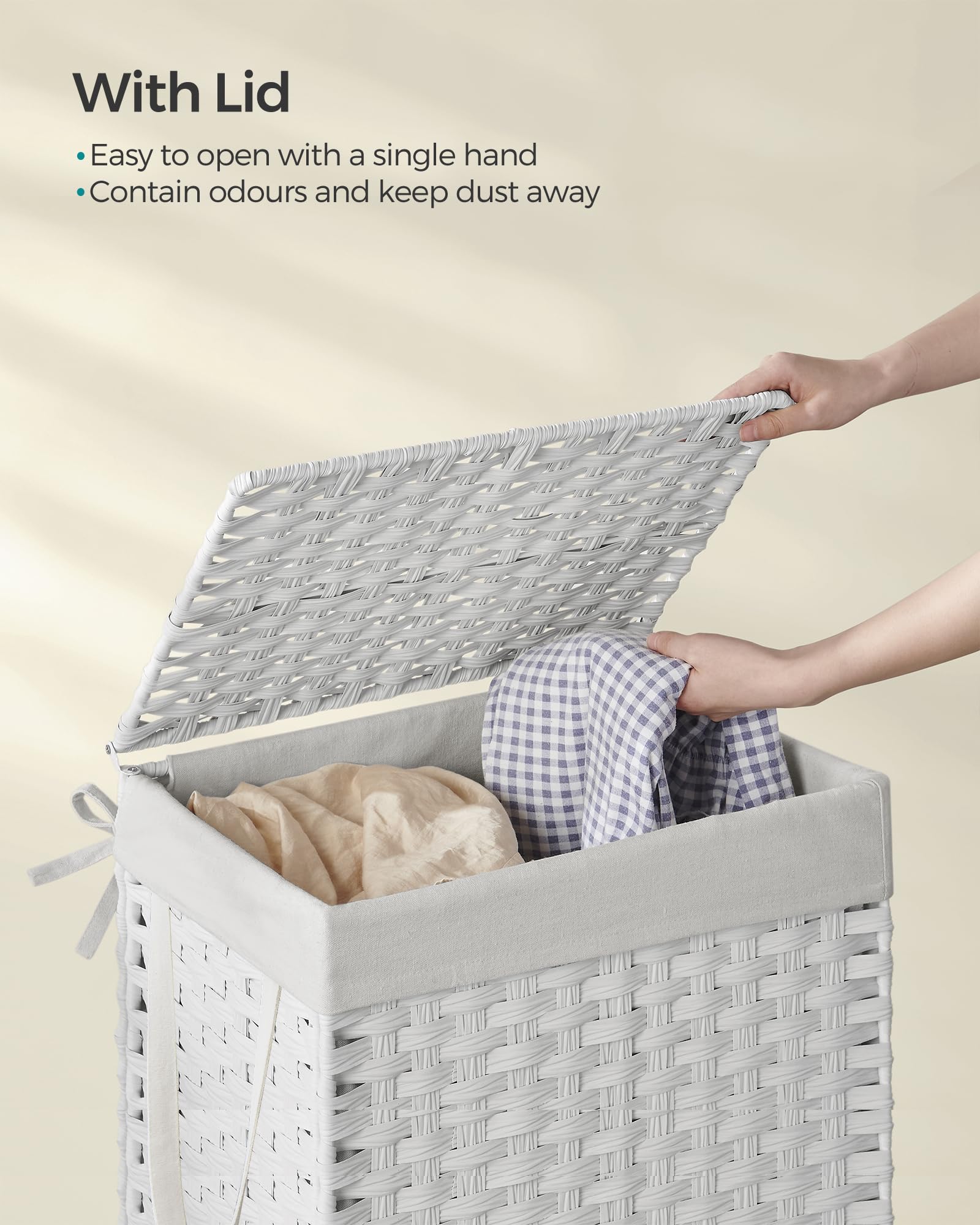 SONGMICS Handwoven Laundry Basket - 90L Capacity, Foldable, White Synthetic Rattan Hamper with Lid 3