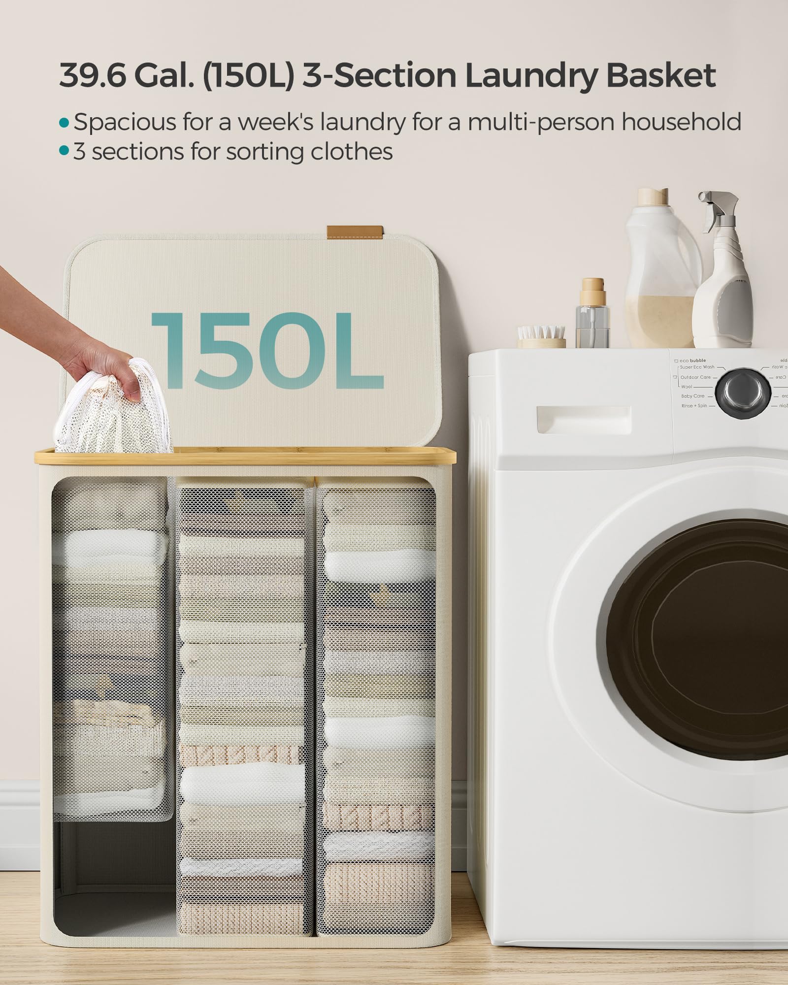 SONGMICS 3-Section Large Laundry Hamper with Lid, 150L Capacity, Collapsible, Cream White 3