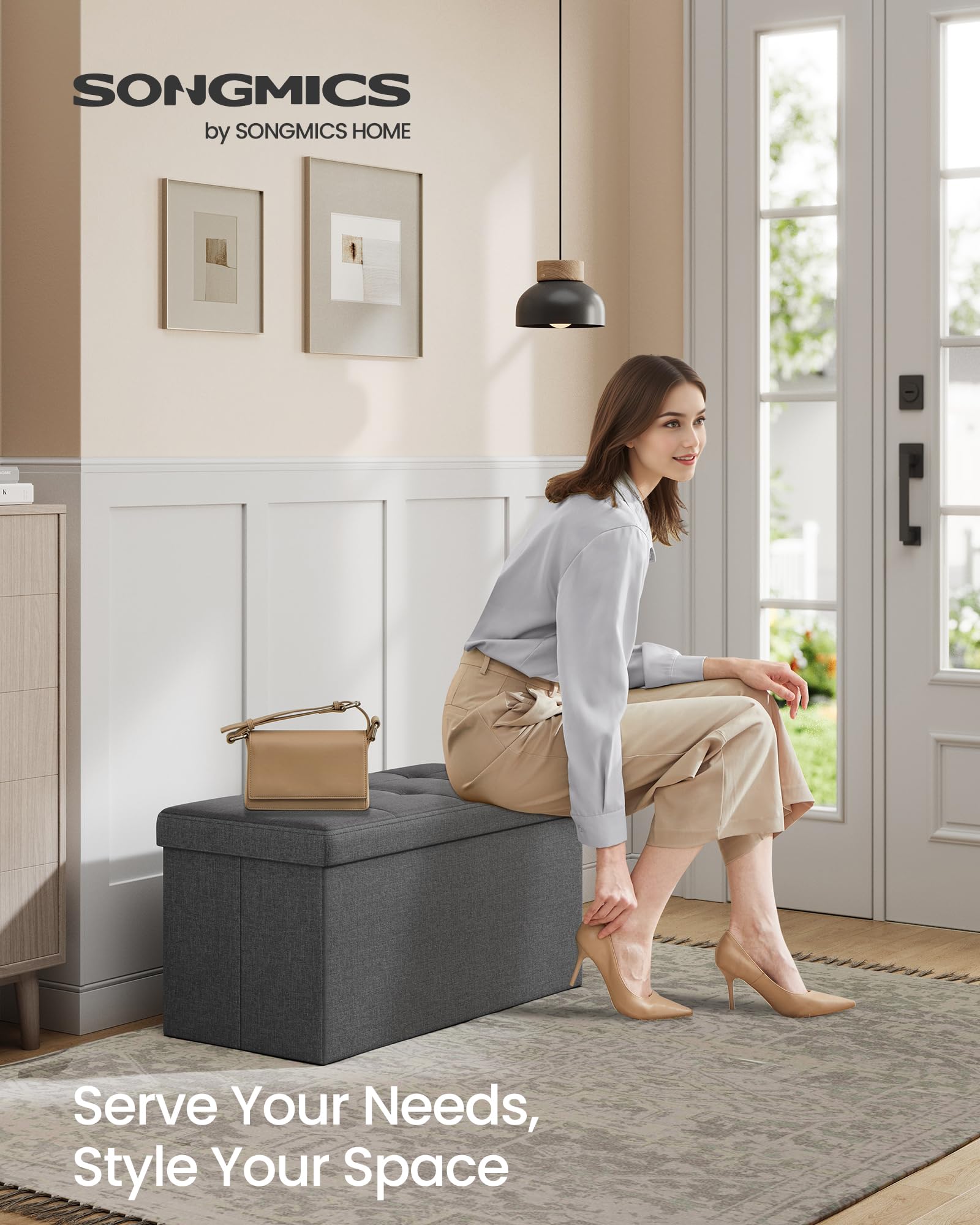 SONGMICS MAZIE Storage Ottoman Bench - 76cm Folding Foot Rest | Dark Grey | 89L Capacity 4