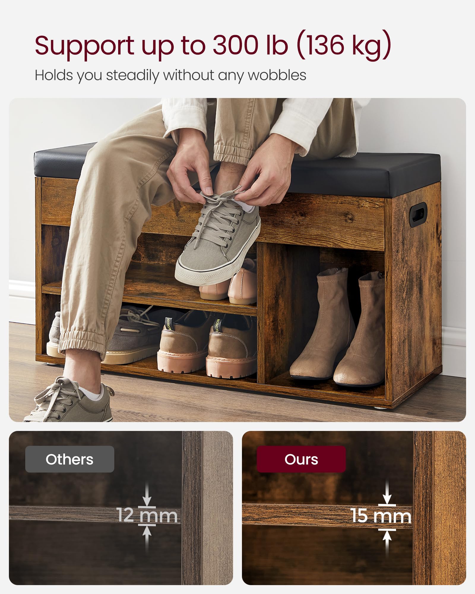VASAGLE Shoe Storage Bench with Padded Seat | 3 Compartments | 150 kg Load Capacity | Rustic Brown 6