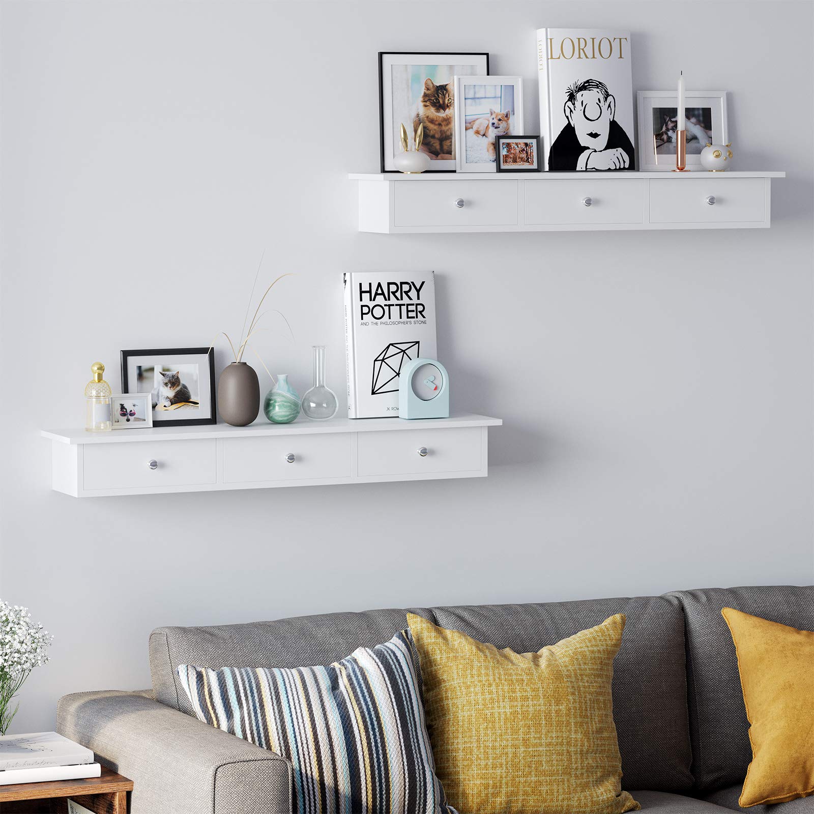 SONGMICS Floating Wall Shelf with 3 Drawers - White | 80 x 15 x 10 cm | Engineered Wood 2