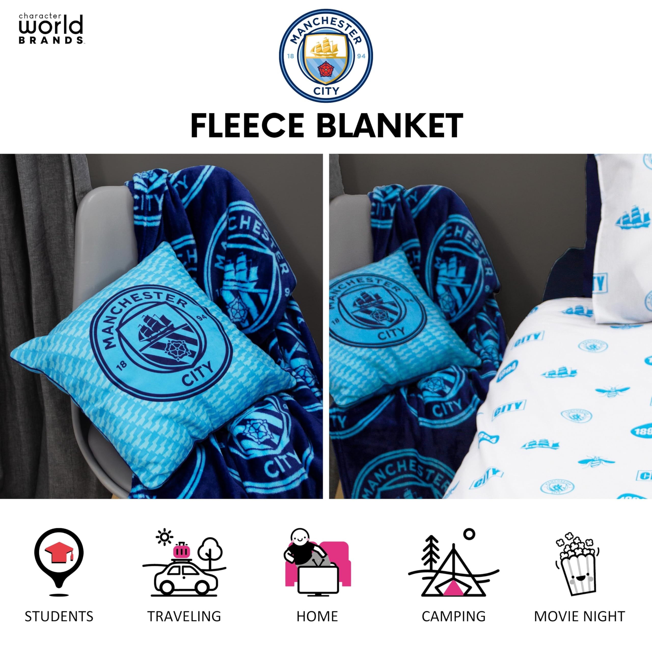Character World Manchester City FC Fleece Throw Blanket - Officially Licensed | 100 x 150cm | 100% Polyester 3