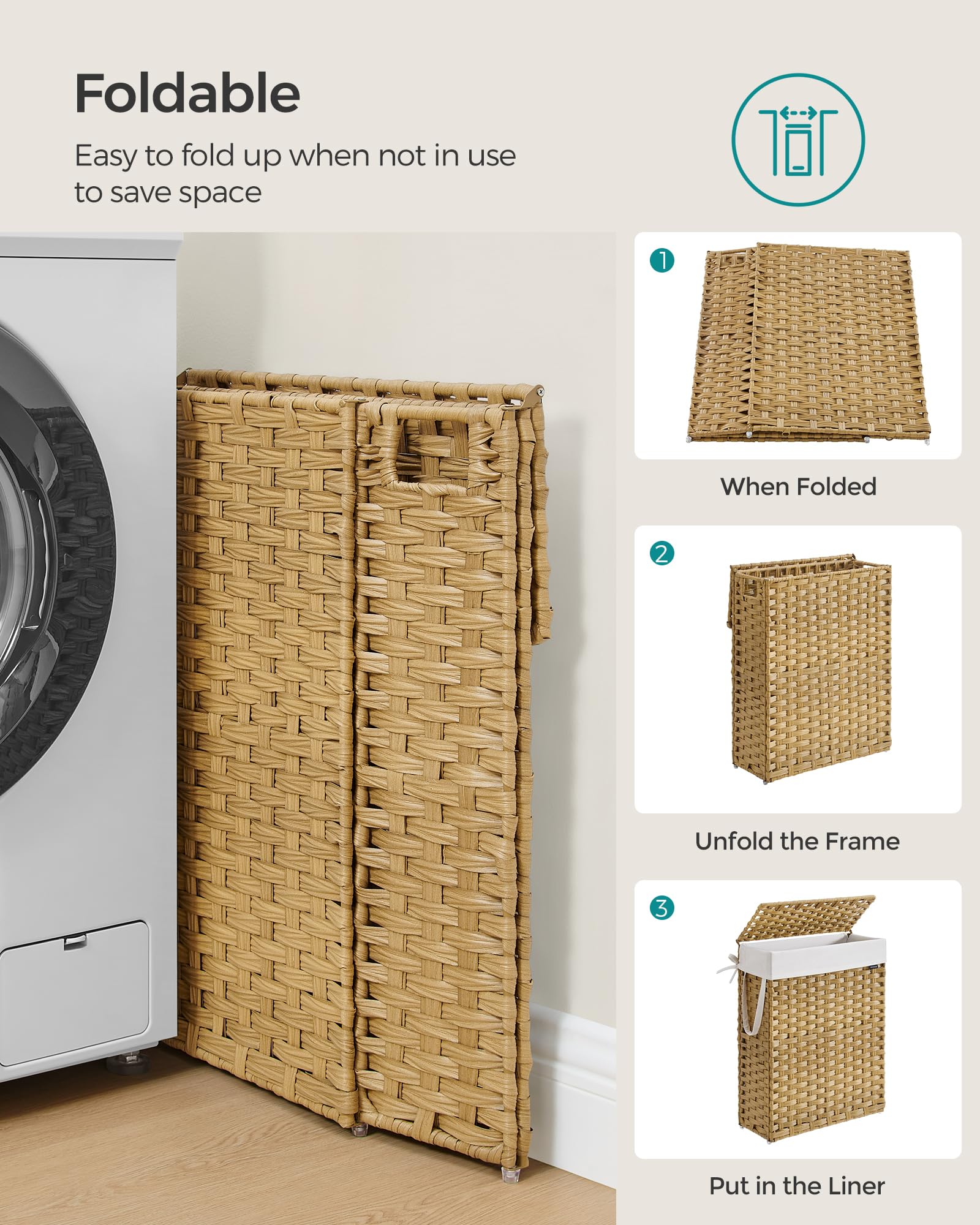 SONGMICS Slim Laundry Basket - 55L Synthetic Rattan Storage with Lid & Handles | Foldable | Goose Yellow 7
