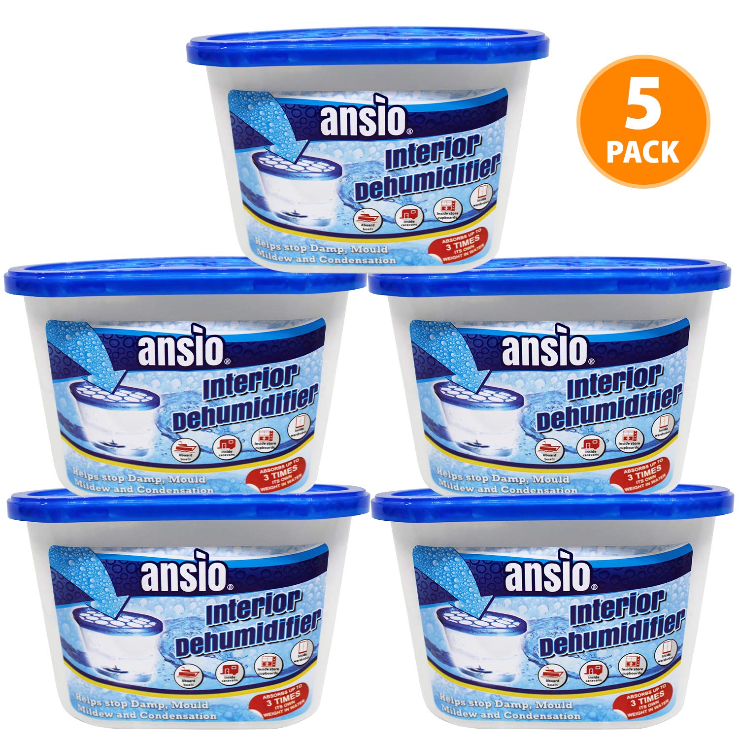ANSIO Disposable Dehumidifier Tubs - Pack of 5 | Calcium Chloride | Absorbs up to 3x Own Weight