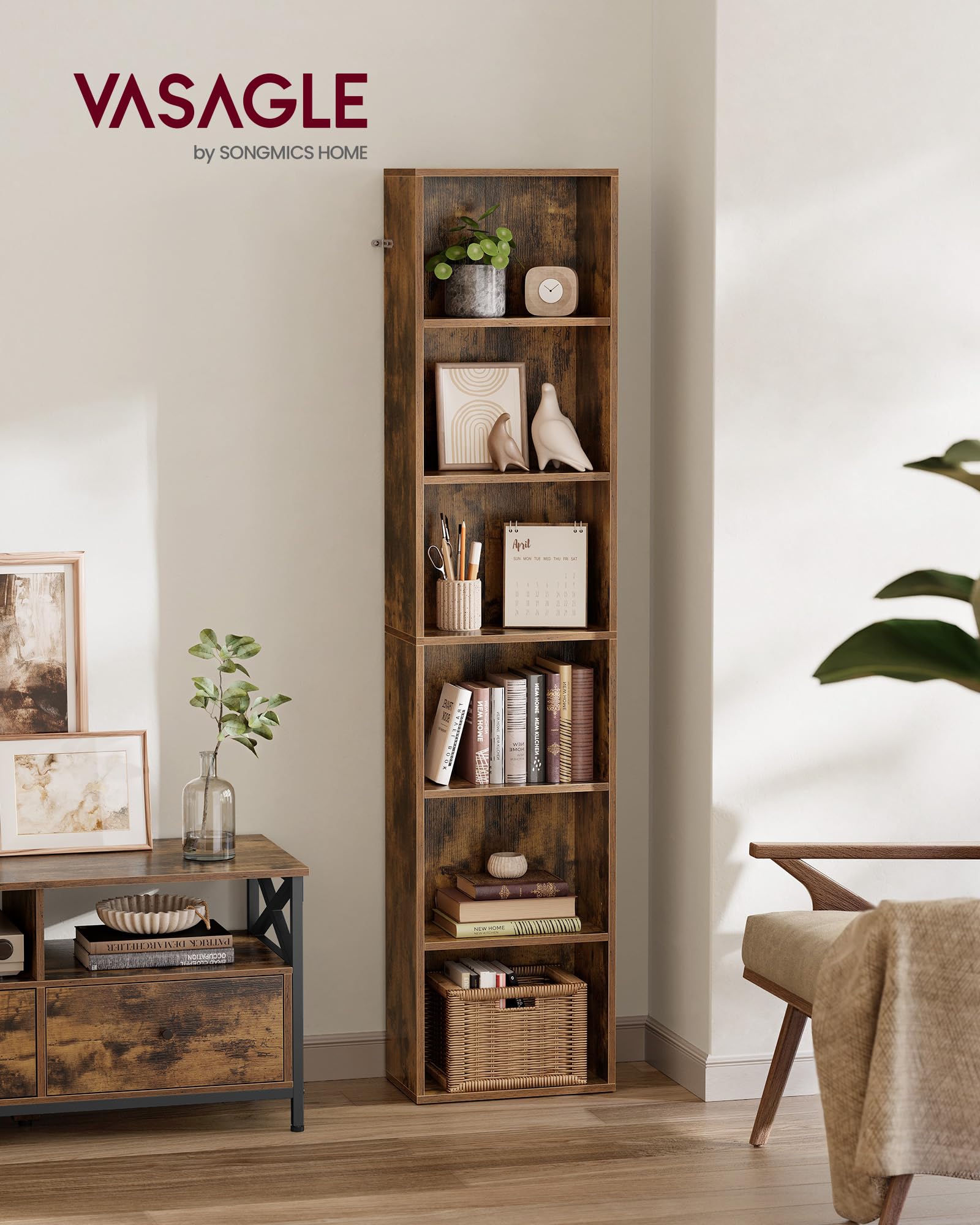 VASAGLE 6-Tier Open Storage Bookcase - Rustic Brown, Adjustable Shelves | 24 x 40 x 178.5 cm 2