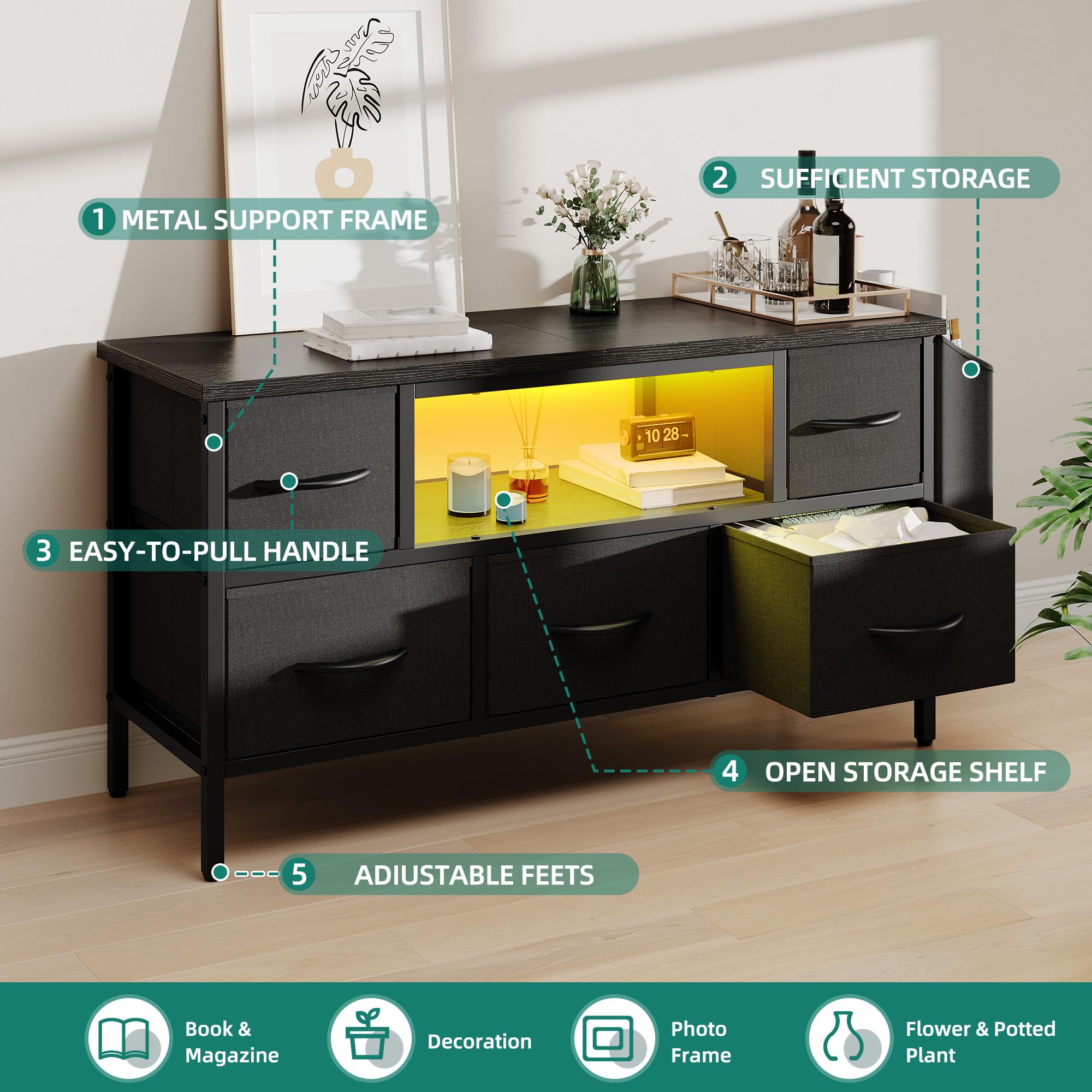 YITAHOME TV Stand Cabinet Unit with 5 Foldable Drawers & RGB LED Lights | Supports Up to 55 Inch TV 6