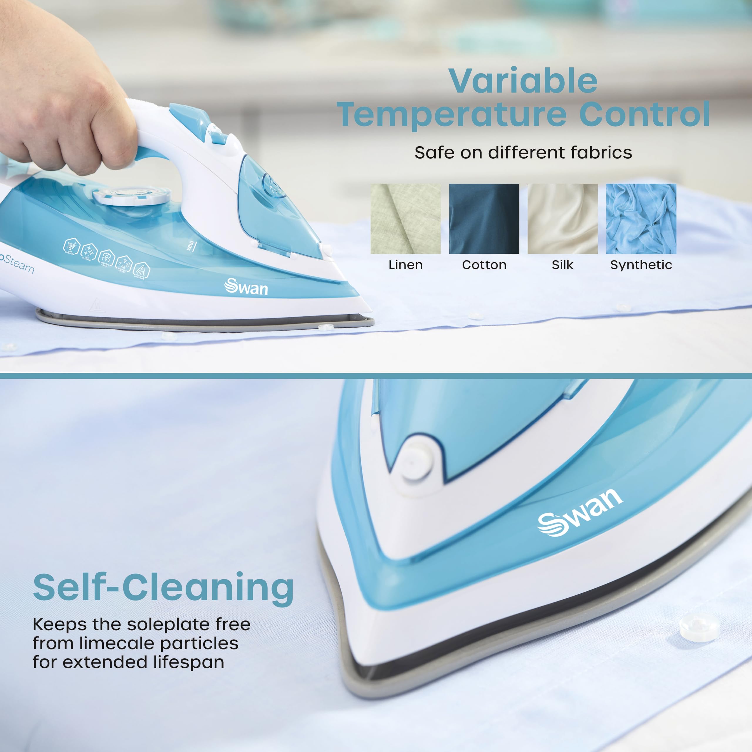 Swan SI12054AQ Steam Iron - 2600W Power | Ceramic Soleplate | Anti-Calc & Self-Clean 4