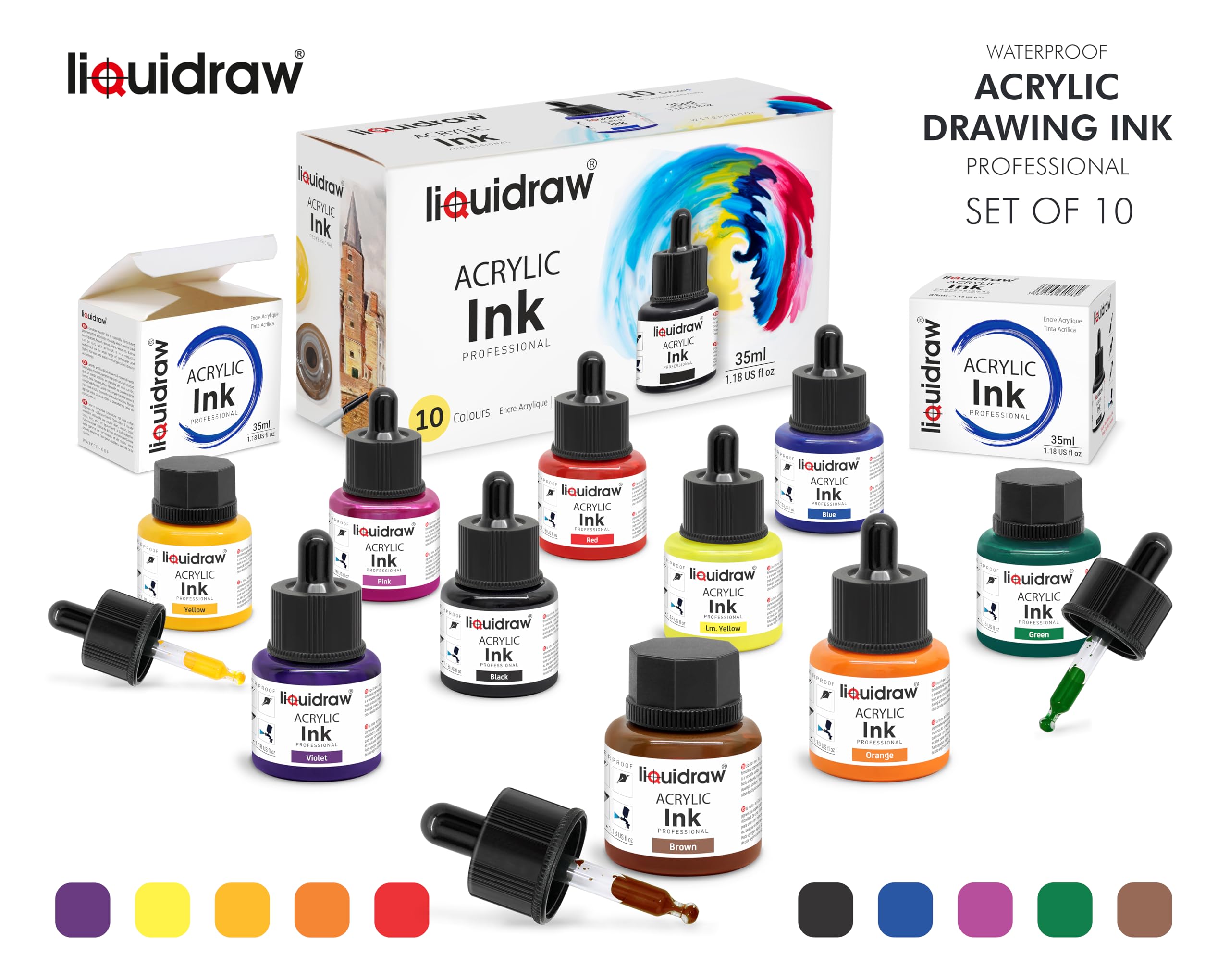 Liquidraw Acrylic Drawing Ink - 10 Assorted Colours | 35 ml Bottles 6