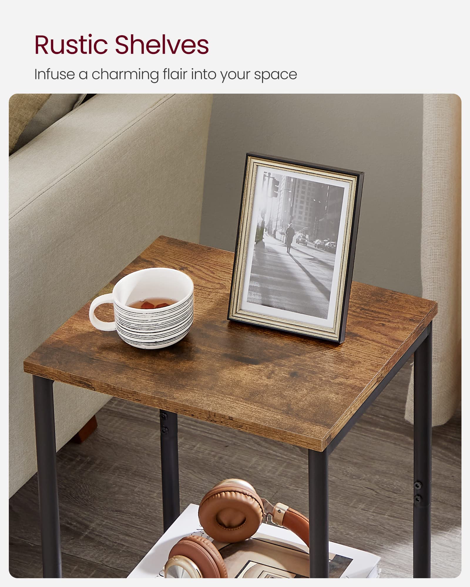 VASAGLE Set of 2 Side Tables - Rustic Brown Shelves & Steel Frame | 30 x 38.5 x 50 cm 5