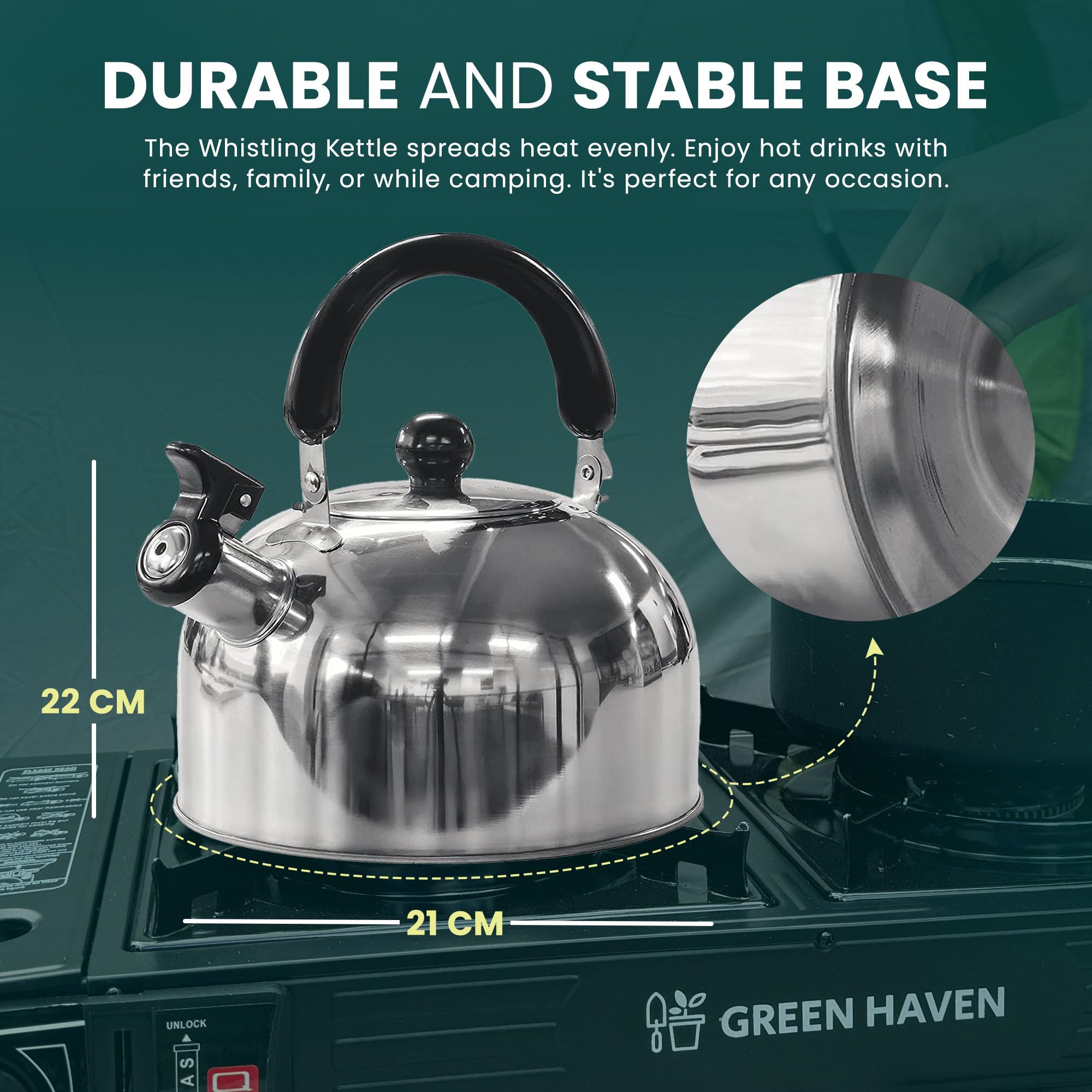 Green Haven 2L Stainless Steel Whistling Stovetop Kettle for Camping and Home Use | Silver 7