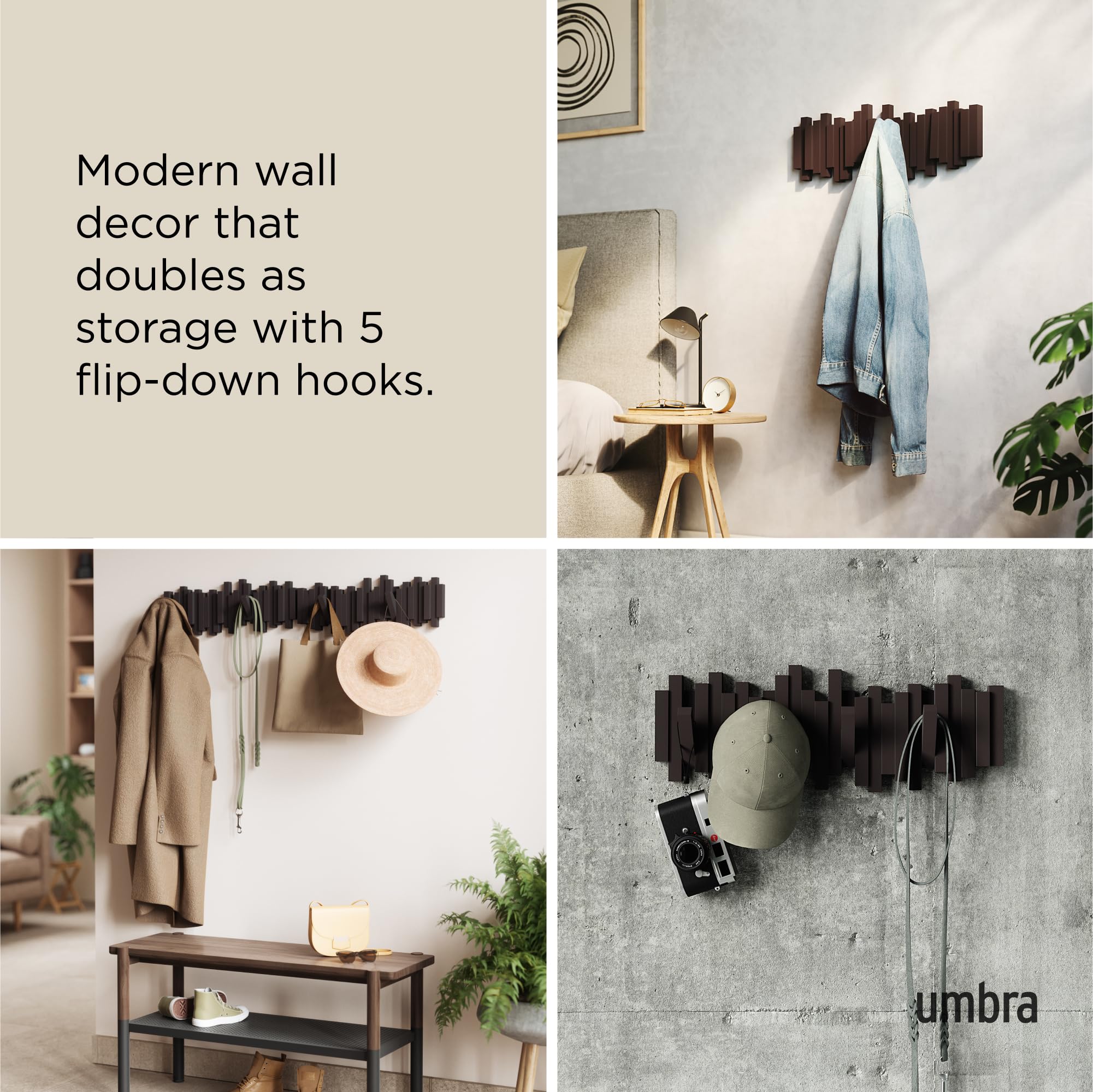 Umbra Sticks Wall-Mounted Coat Rack Rail Hook - 5 Retractable Pegs | Espresso Plastic | Modern Design 4