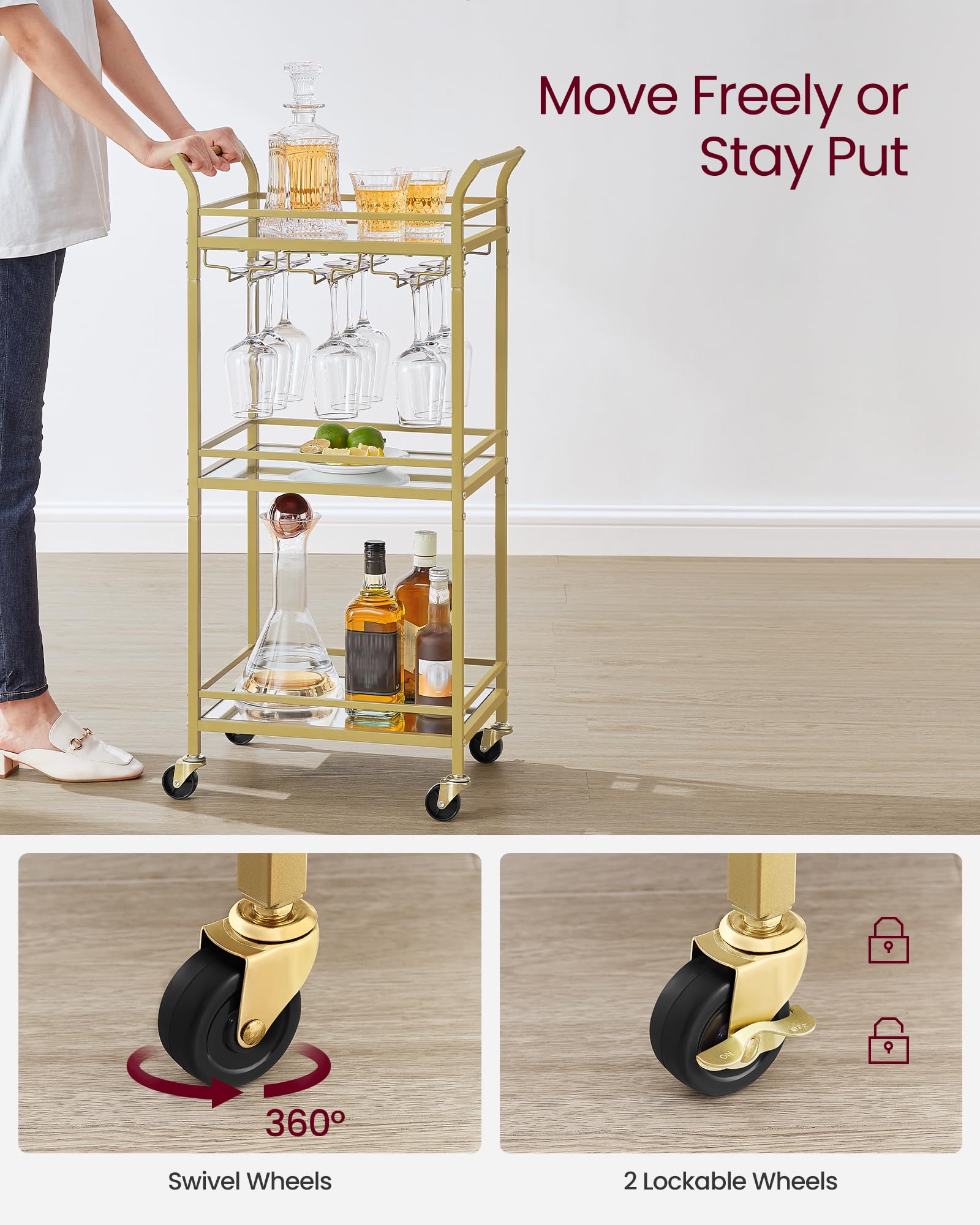 VASAGLE 3-Tier Drinks Trolley - Gold Bar Cart with Mirrored Glass Shelves | 30x46.8x92 cm 7