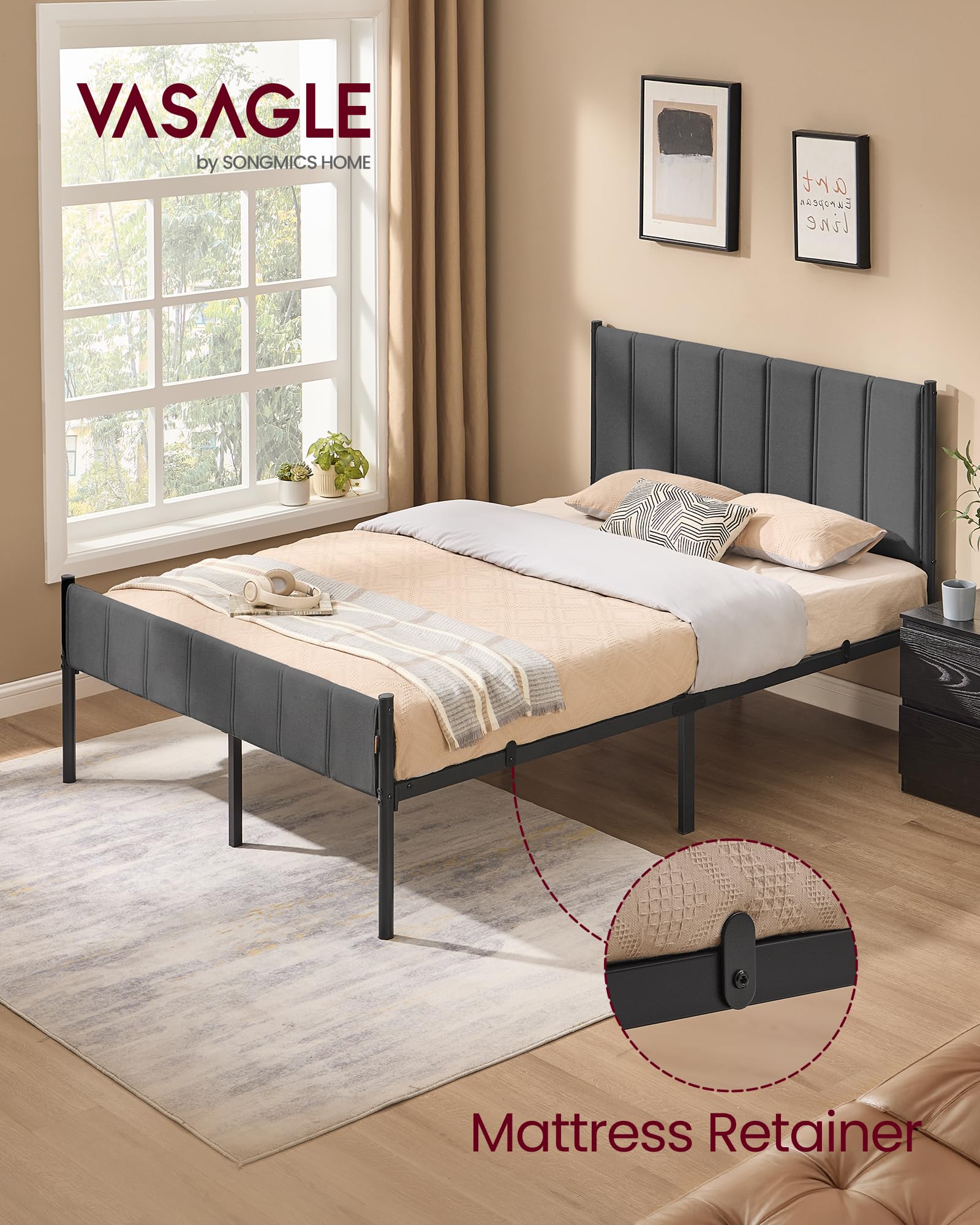 VASAGLE Double Bed Frame 135 x 190 cm with Upholstered Headboard | Noise Resistant | Slate Grey 3