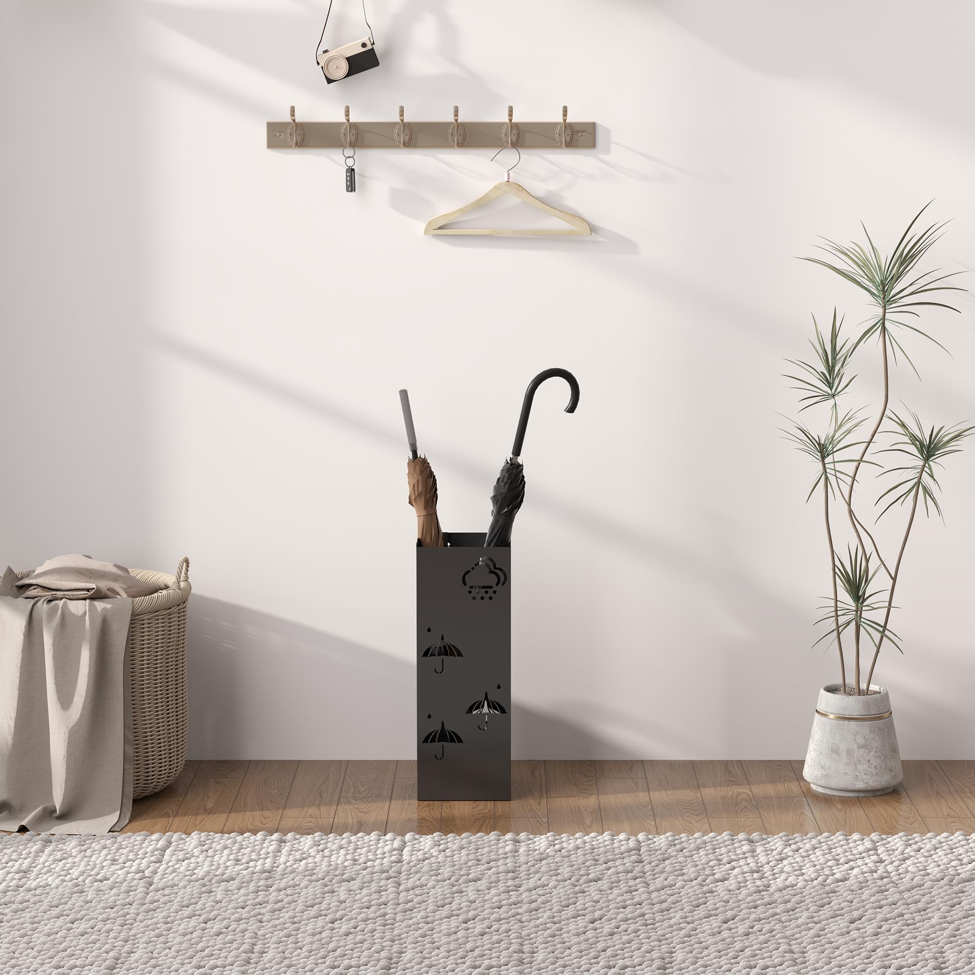 HOMCOM Metal Umbrella Stand with Drip Tray and 4 Hooks | Black | 15.5 x 15.5 x 41 cm 9