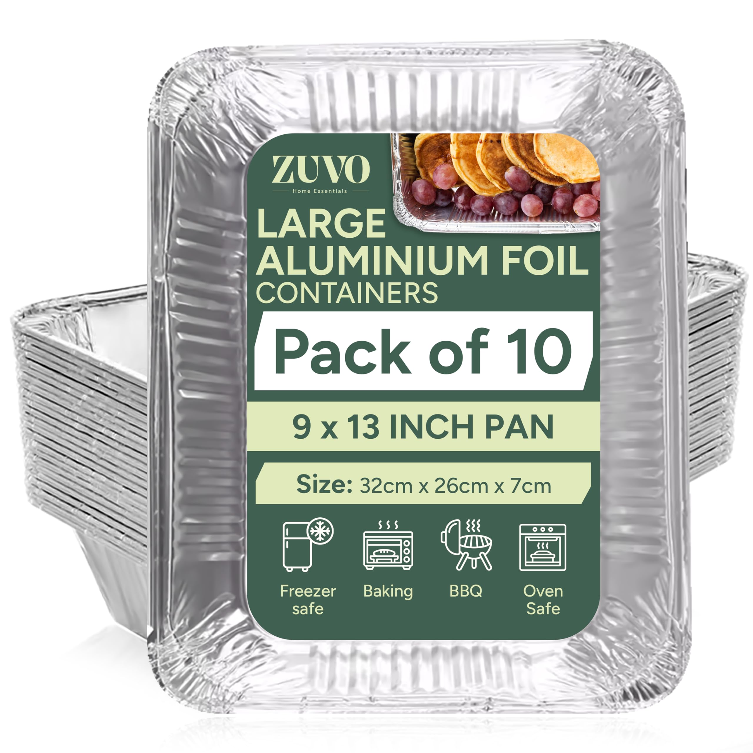 Zuvo Heavy-Duty Aluminium Trays - 32 x 26 x 7cm (10 Pack) | Oven & Freezer Safe
