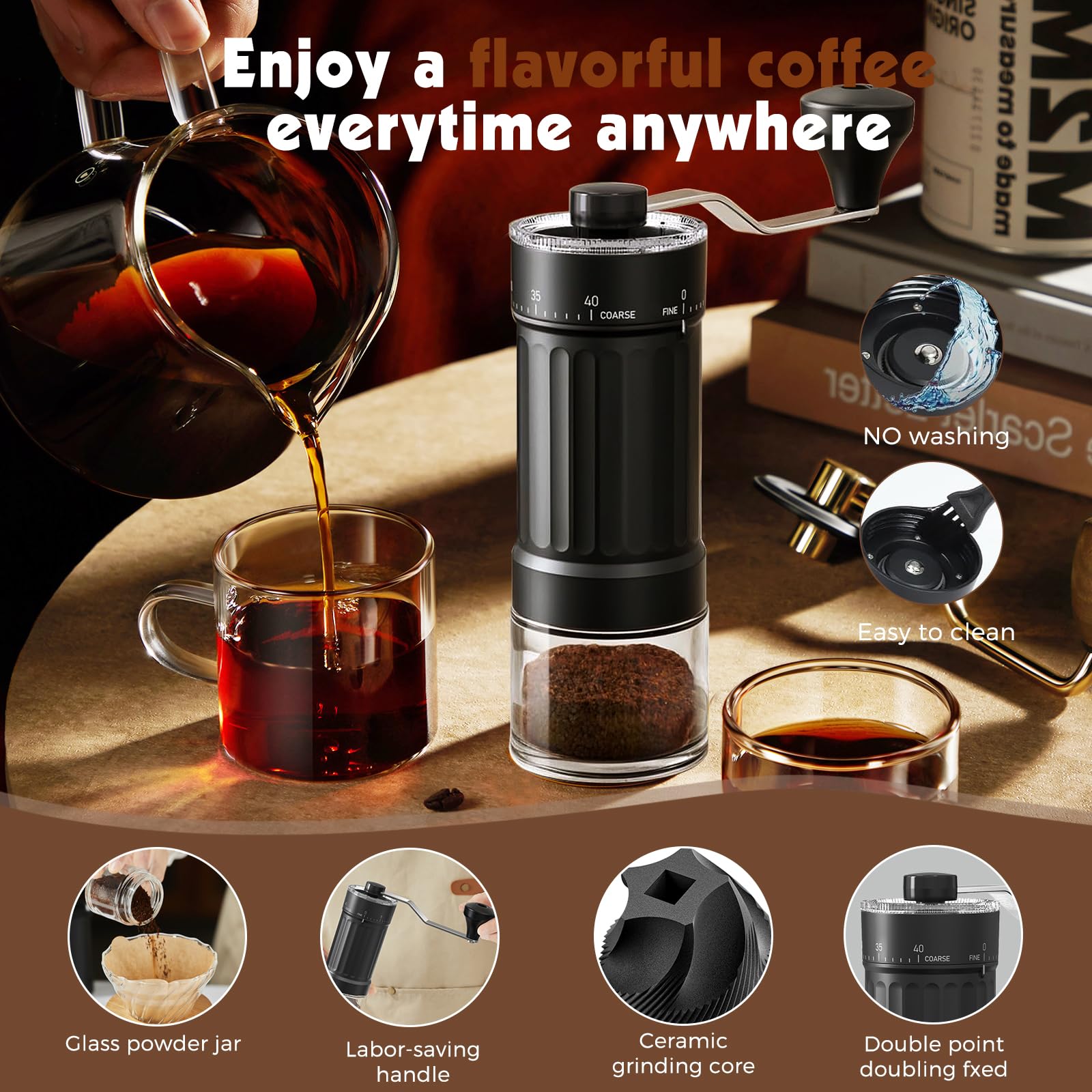 Woobroo Manual Coffee Grinder - 40 External Adjustment Settings | Ceramic Core | Black 4