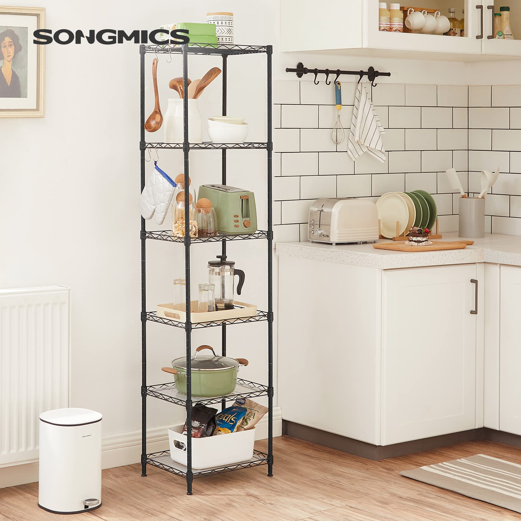 SONGMICS 6-Tier Metal Standing Shelf Unit - Adjustable Height | 20kg/Shelf Capacity | Black