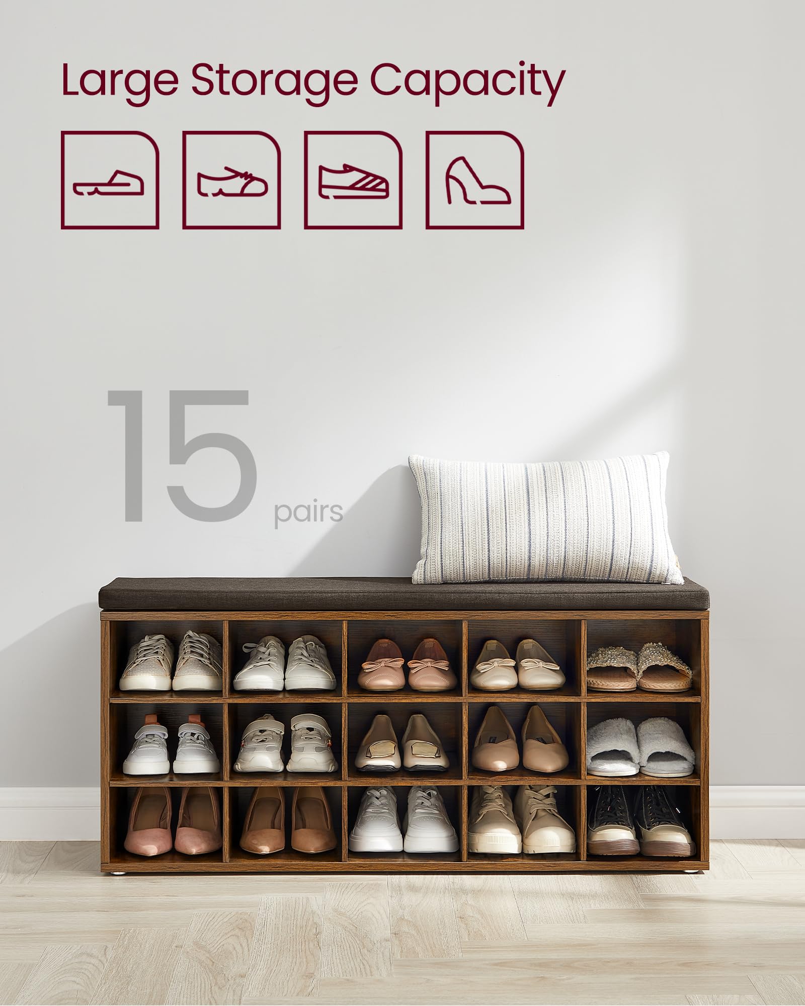 VASAGLE Shoe Storage Bench with Padded Seat | 15 Compartments | 30 x 105 x 48 cm | Rustic Brown/Chestnut Brown 6