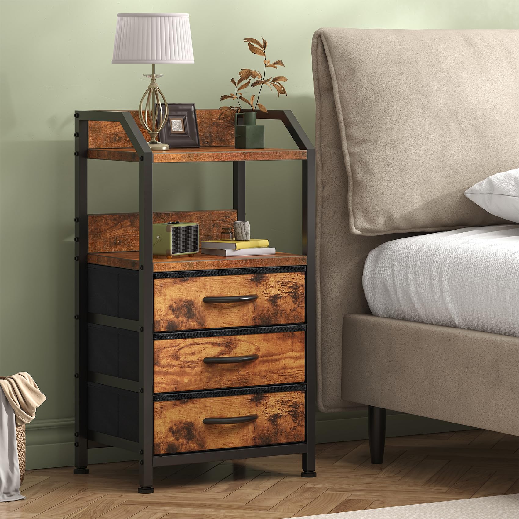 Feonase Bedside Table with 3 Fabric Drawers & Open Shelf | Rustic Brown | 40x30x75 cm 1